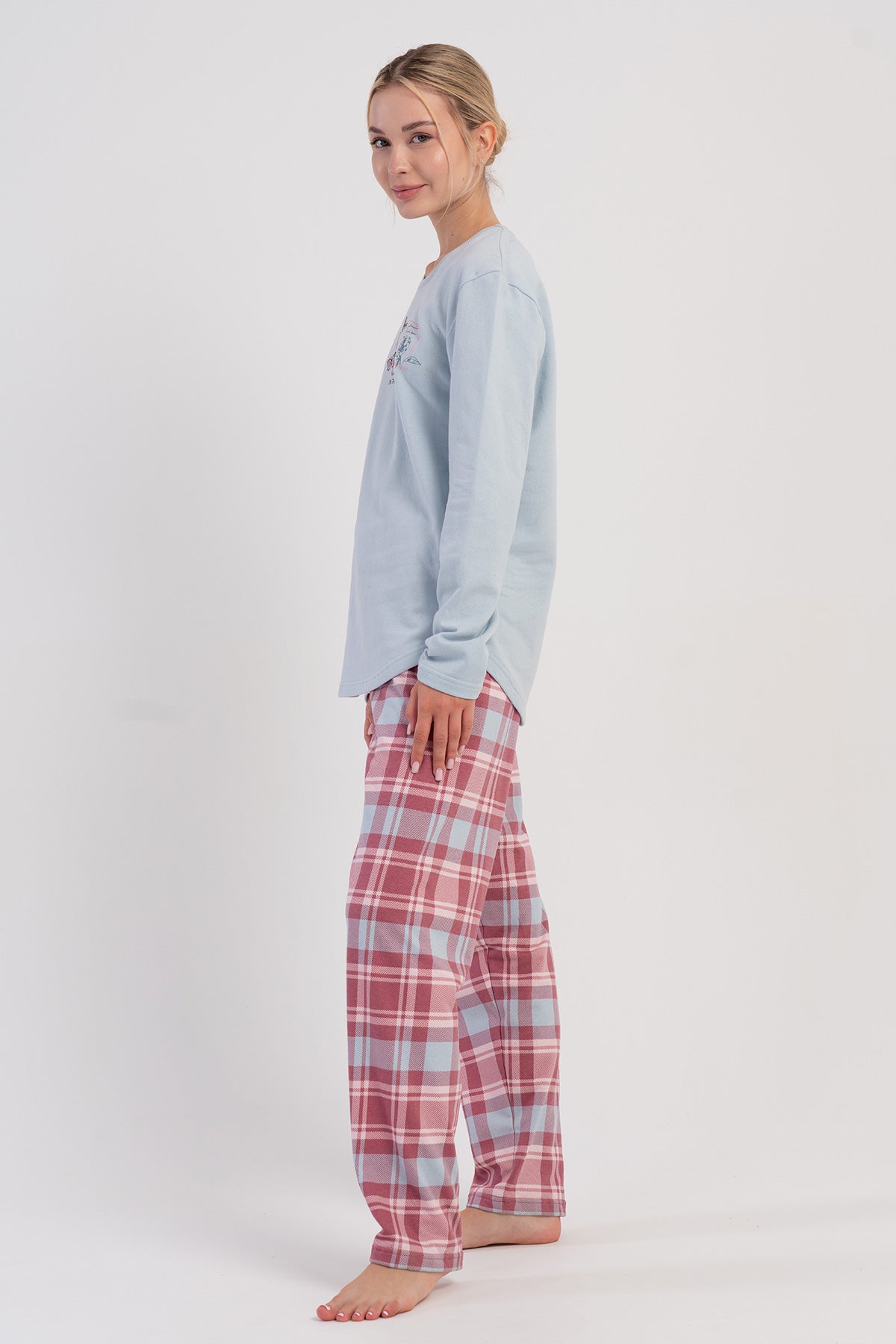 KADIN 2IPLIK O YAKA UZUN KOL ETEGI OVAL PIJAMA TAKIM - MAVI