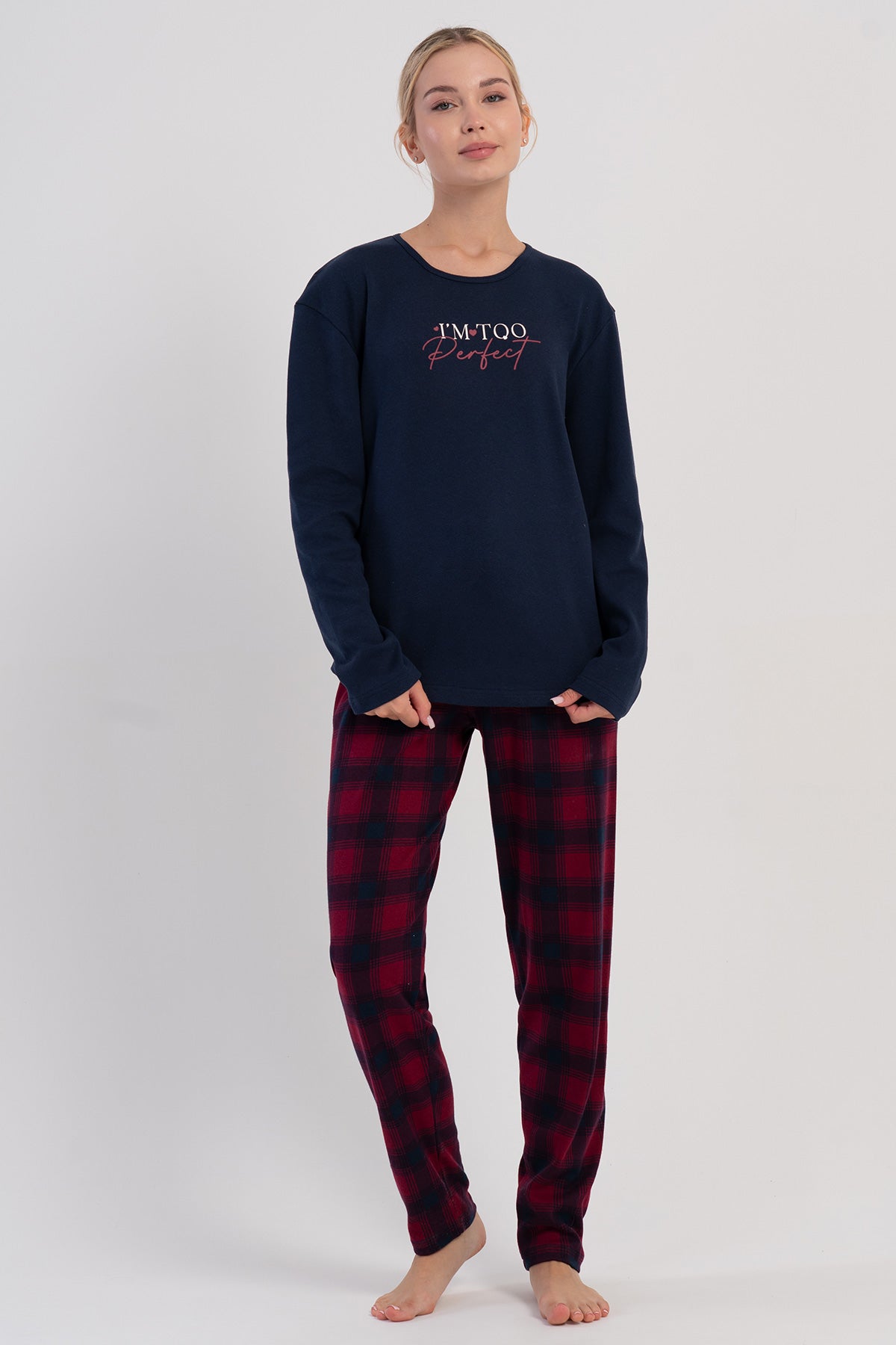 KADIN INTERLOK O YAKA UZUN KOL ETEGI OVAL PIJAMA TAKIM - Y.LACIVERT