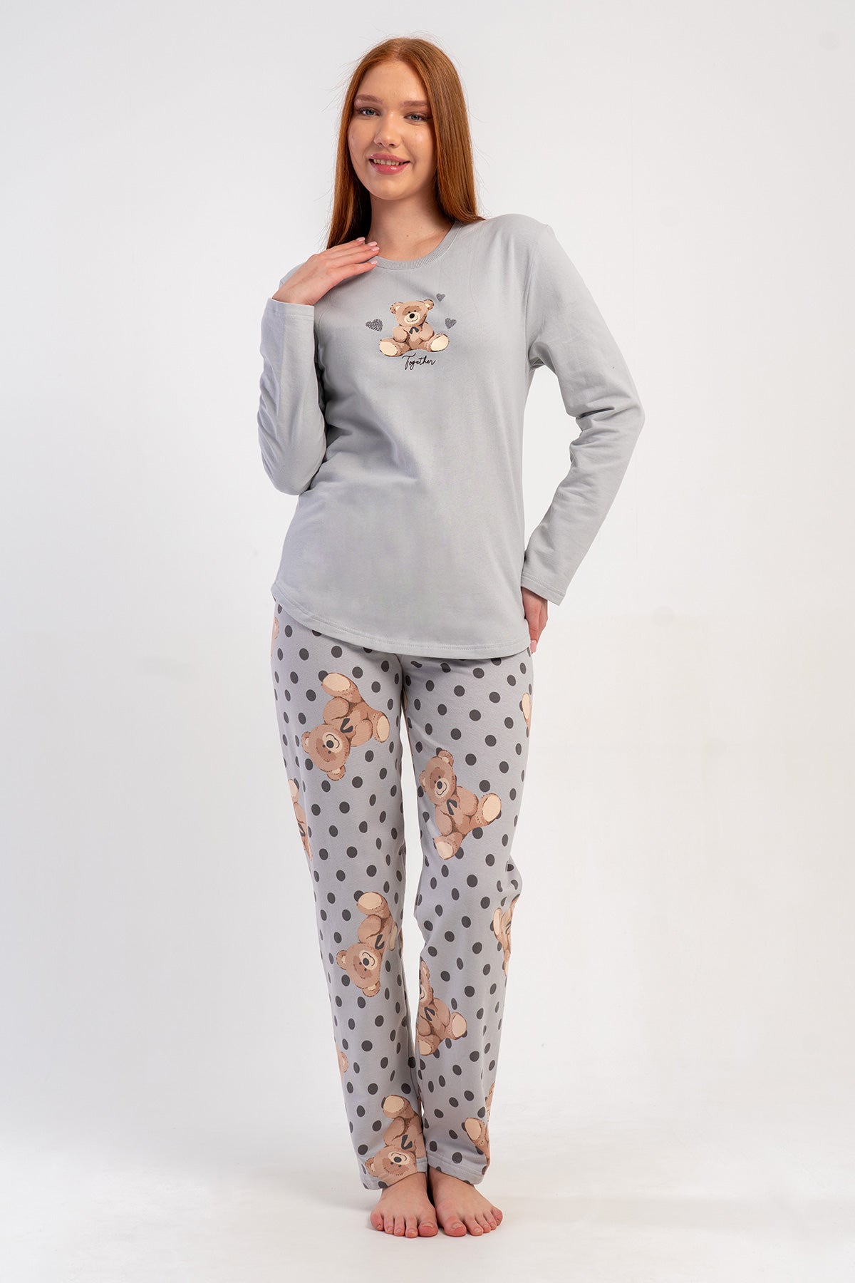 KADIN 2IPLIK O YAKA UZUN KOL ETEGI OVAL PIJAMA TAKIM - GRI