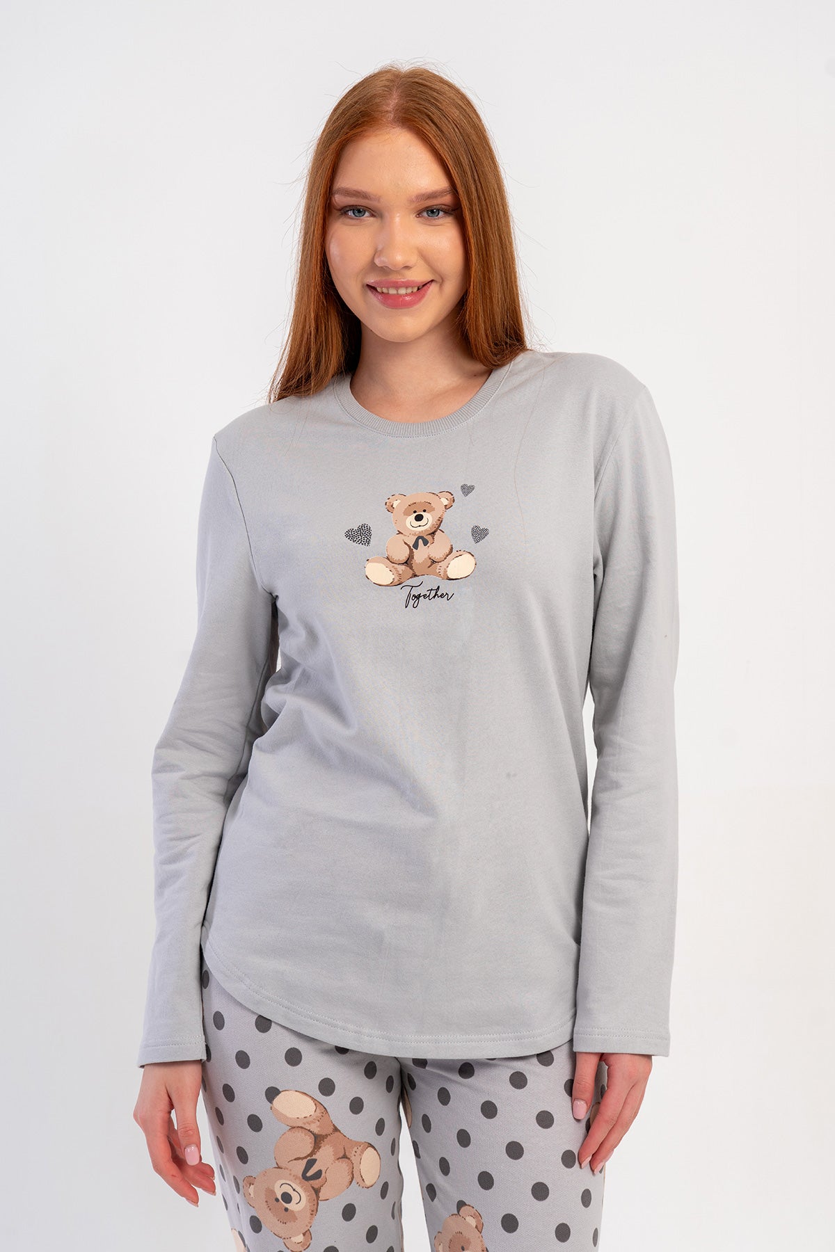 KADIN 2IPLIK O YAKA UZUN KOL ETEGI OVAL PIJAMA TAKIM - GRI