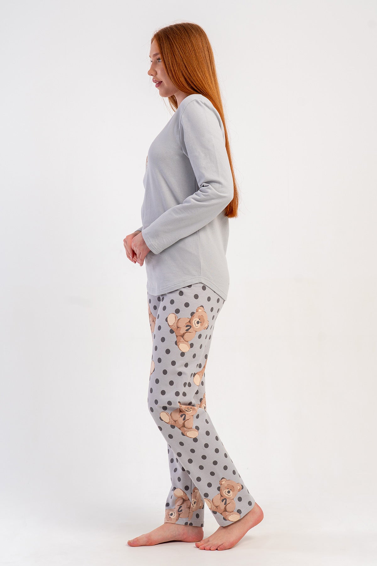 KADIN 2IPLIK O YAKA UZUN KOL ETEGI OVAL PIJAMA TAKIM - GRI
