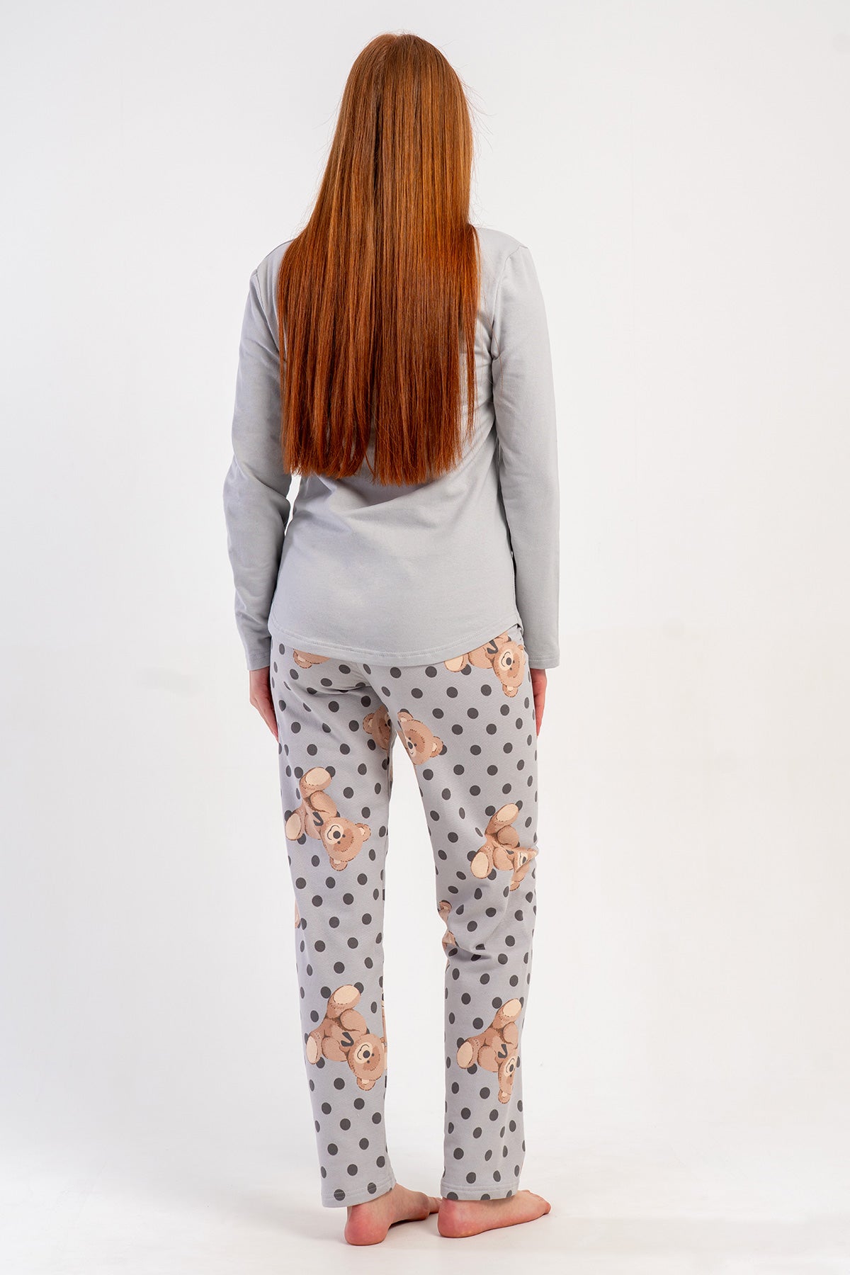 KADIN 2IPLIK O YAKA UZUN KOL ETEGI OVAL PIJAMA TAKIM - GRI