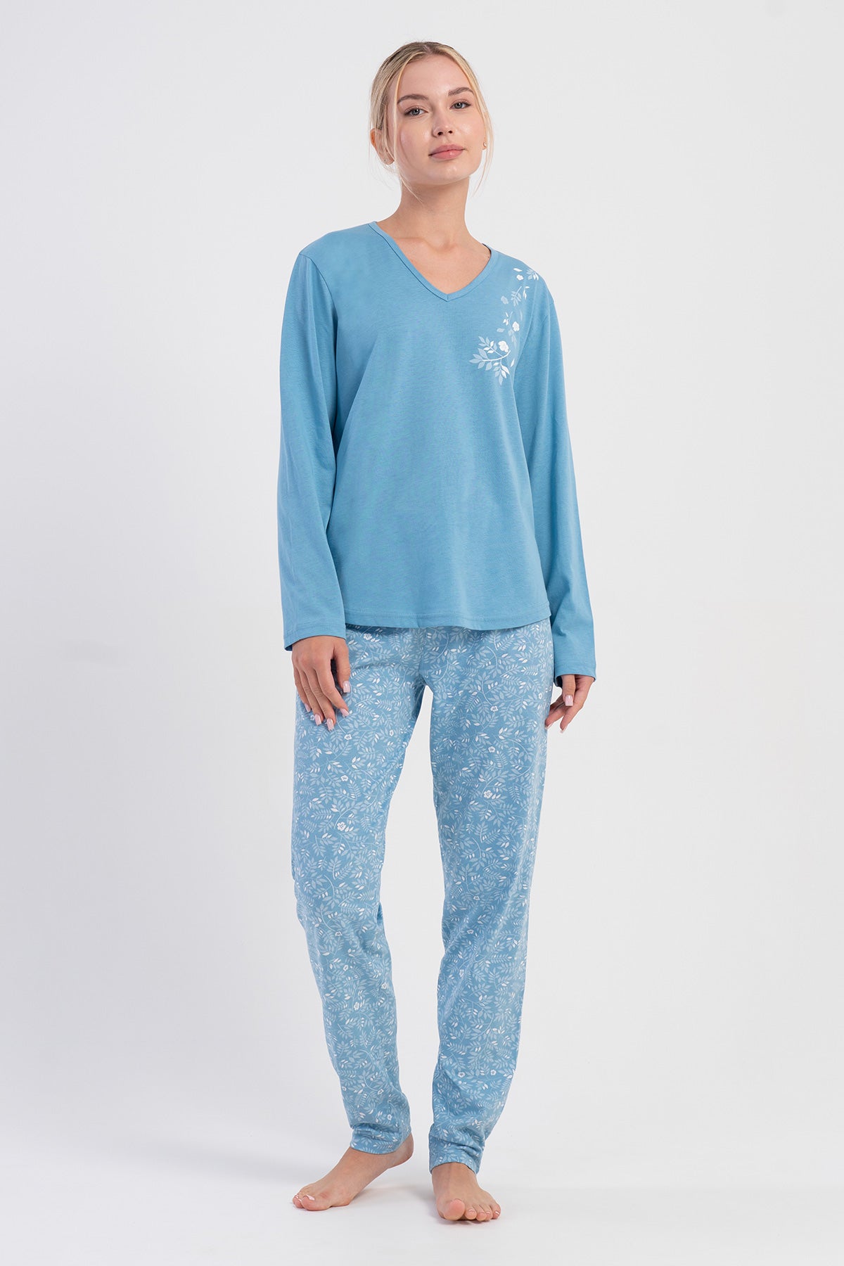 KADIN P.SUPREM XXL V YAKA UZUN KOL ETEGI OVAL PIJAMA TAKIM - MAVI