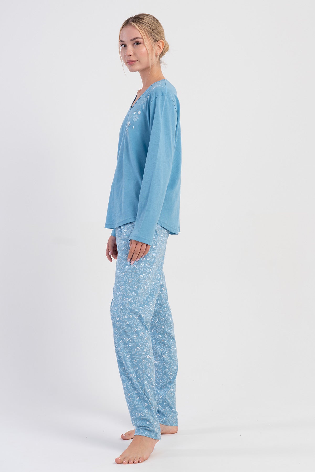 KADIN P.SUPREM XXL V YAKA UZUN KOL ETEGI OVAL PIJAMA TAKIM - MAVI