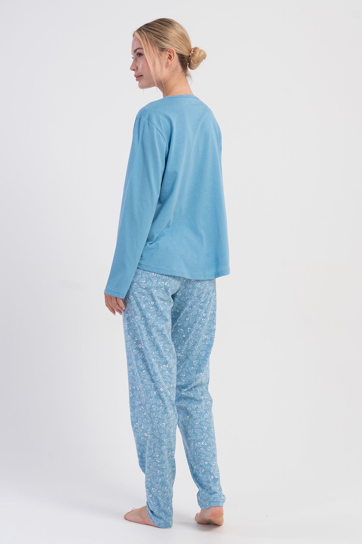 KADIN P.SUPREM XXL V YAKA UZUN KOL ETEGI OVAL PIJAMA TAKIM - MAVI