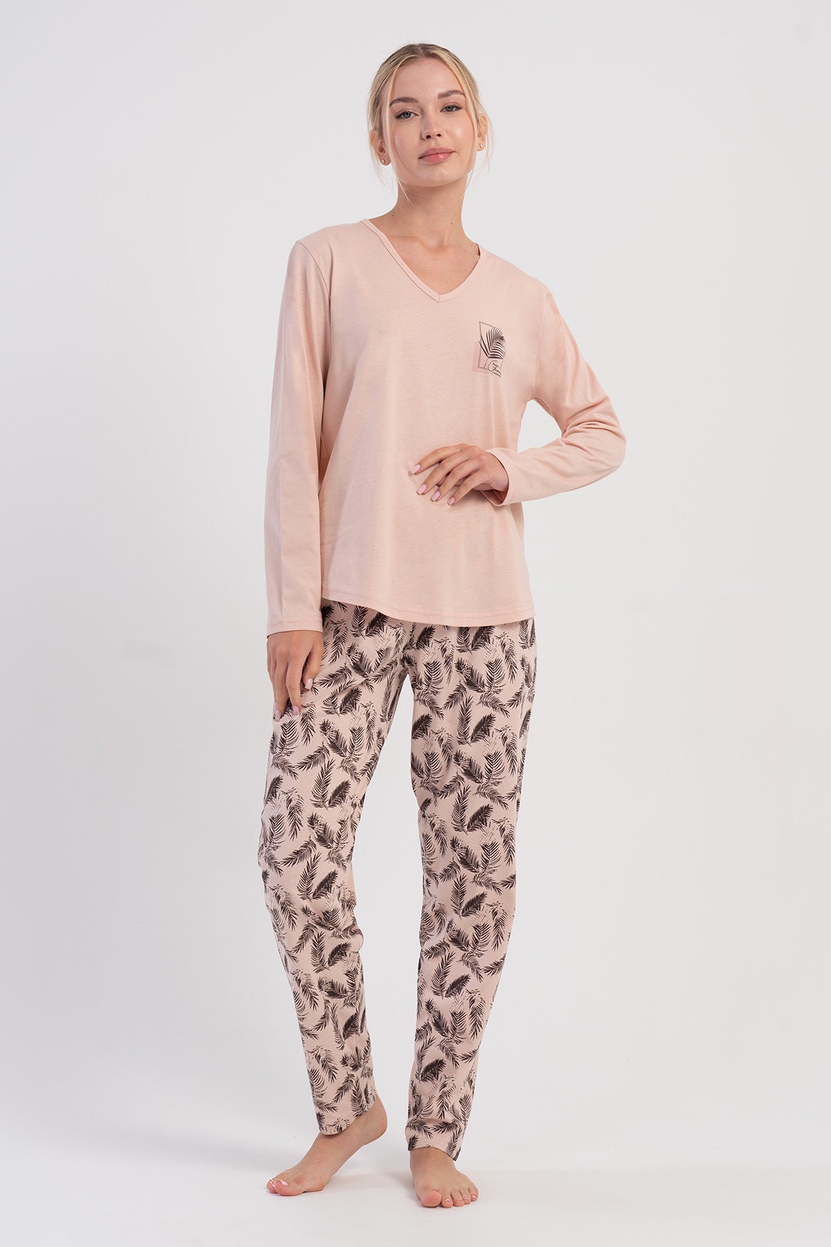 KADIN P.SUPREM XXL V YAKA UZUN KOL ETEGI OVAL PIJAMA TAKIM - PUDRA PEMBE