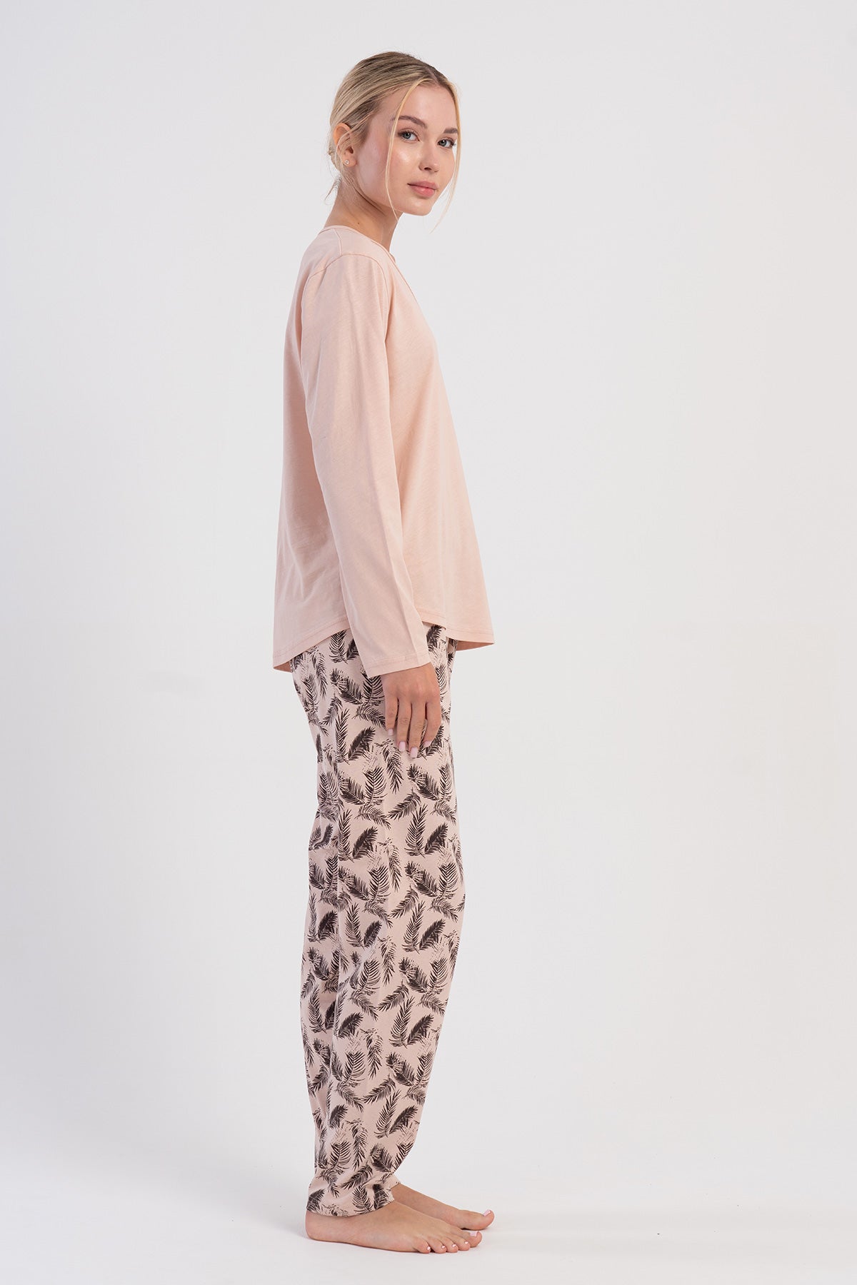 KADIN P.SUPREM XXL V YAKA UZUN KOL ETEGI OVAL PIJAMA TAKIM - PUDRA PEMBE