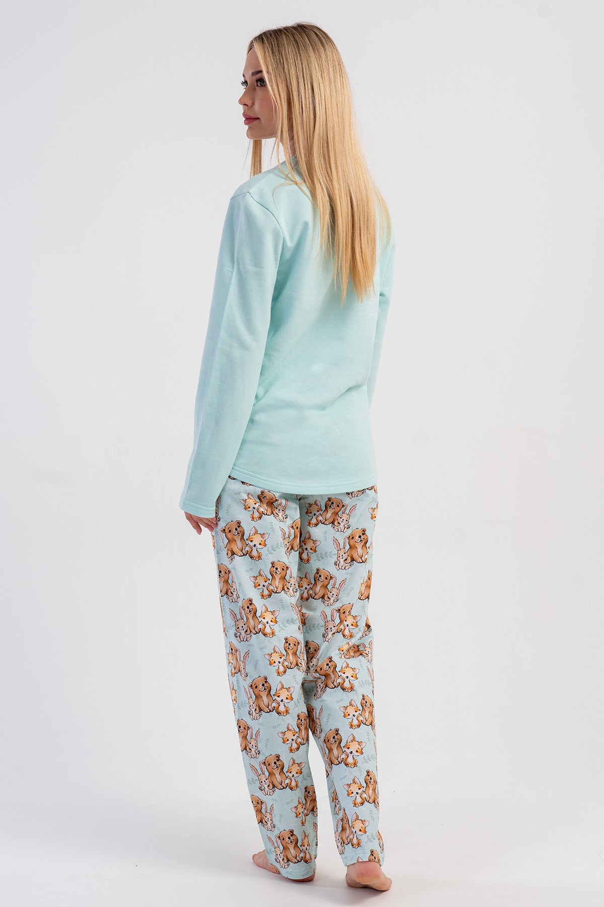 KADIN 2IPLIK O YAKA UZUN KOL ETEGI OVAL PIJAMA TAKIM - A.YESIL