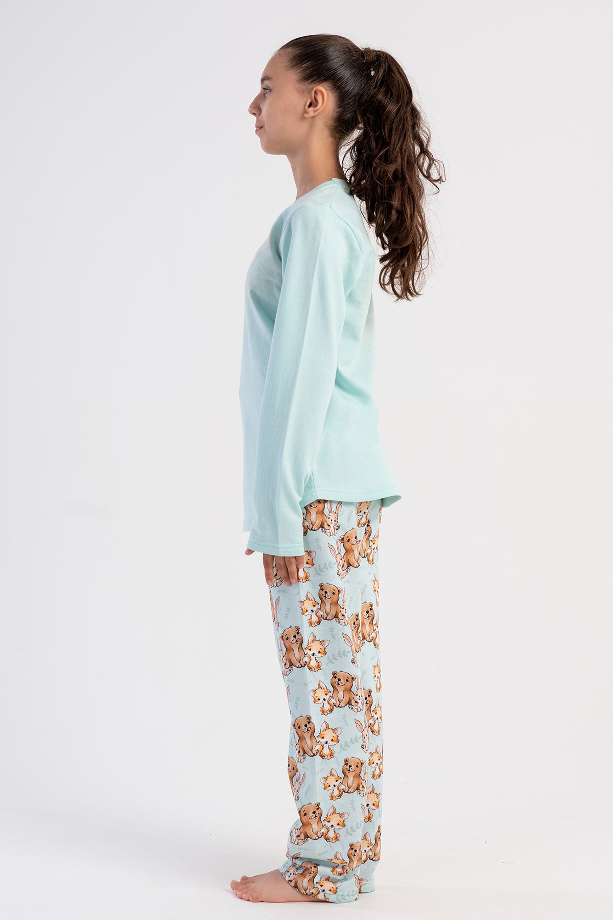 KIZ COCUK 2IPLIK O YAKA UZUN KOL ETEGI OVAL PIJAMA TAKIM(7-8/13-14) - A.YESIL