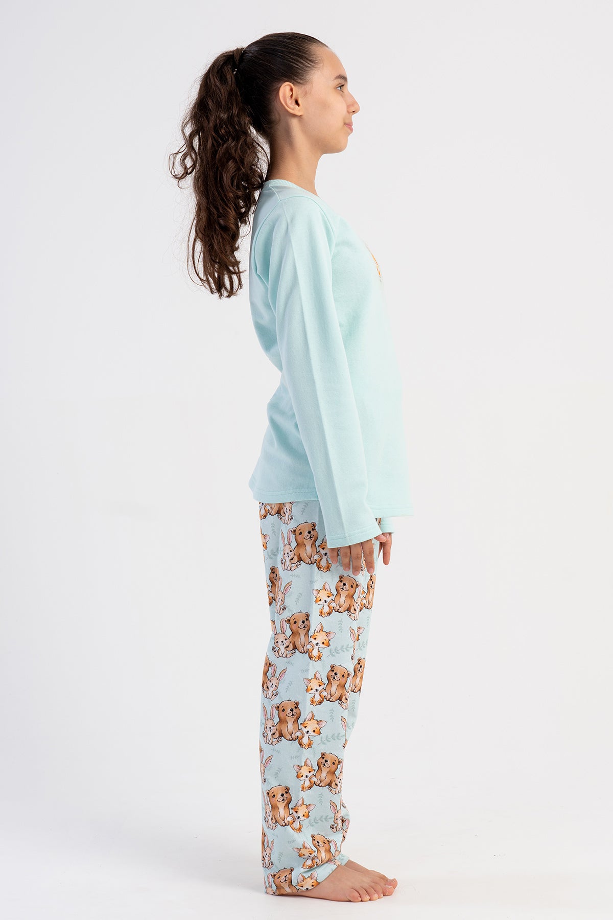 KIZ COCUK 2IPLIK O YAKA UZUN KOL ETEGI OVAL PIJAMA TAKIM(7-8/13-14) - A.YESIL