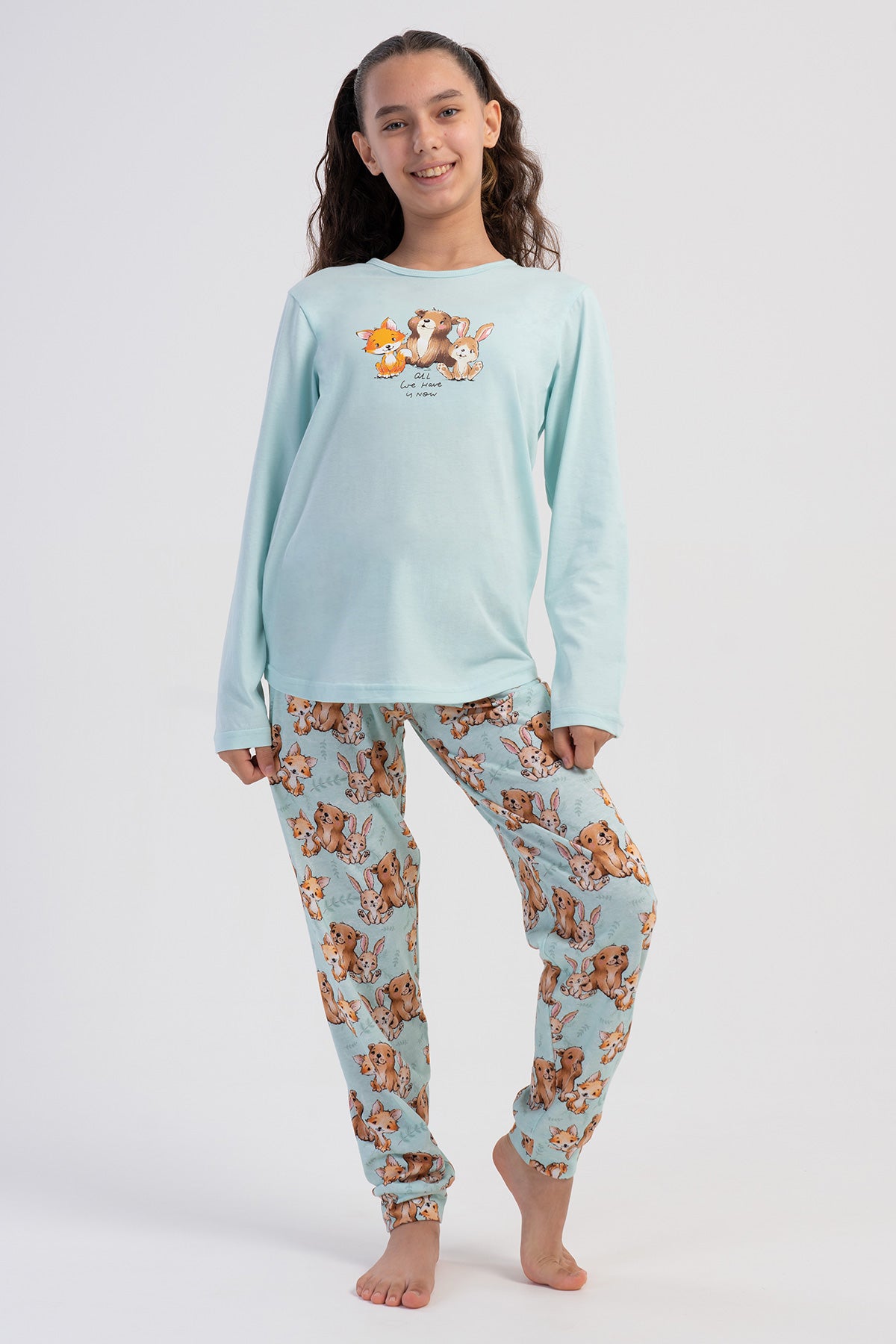 KIZ COCUK P.SUPREM O YAKA UZUN KOL ETEGI OVAL MANSETLI PIJAMA TAKIM(7-8/13-14) - A.YESIL