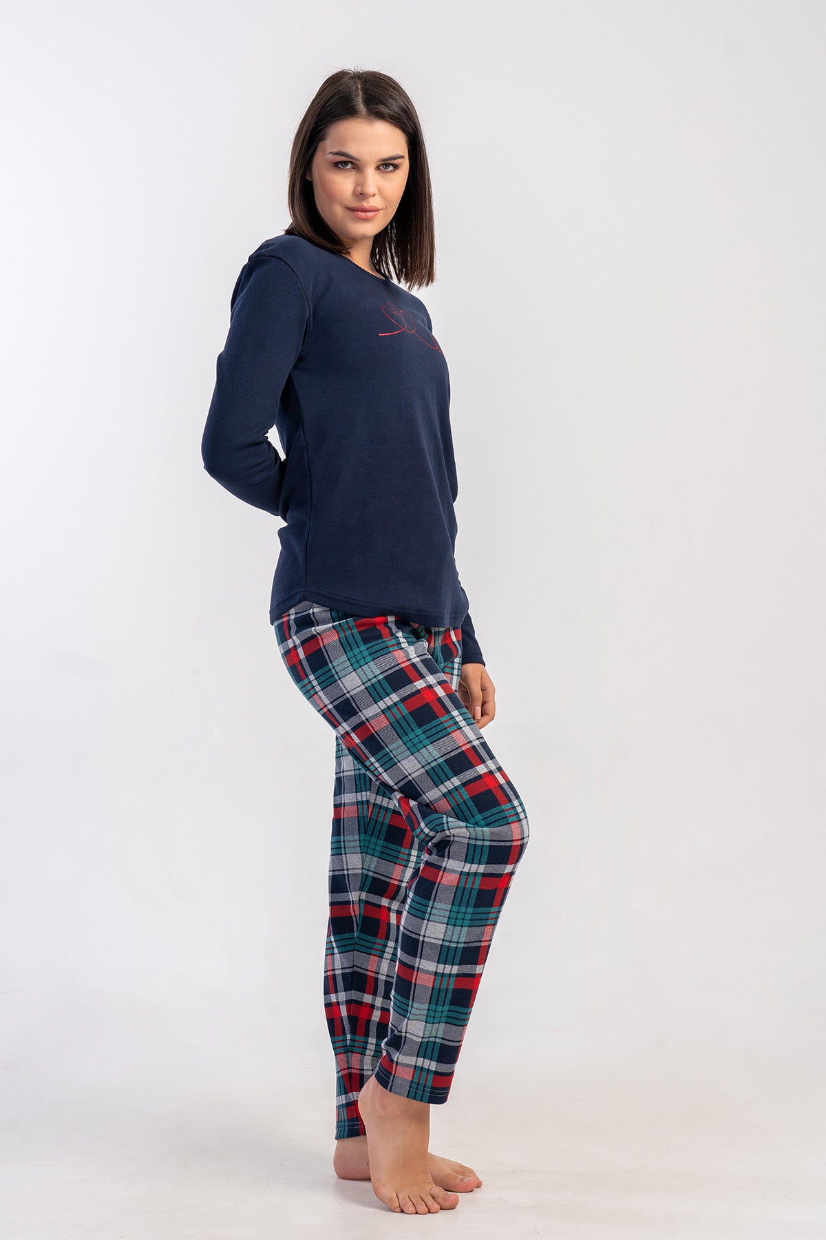 KADIN INTERLOK O YAKA UZUN KOL ETEGI OVAL PIJAMA TAKIM - Y.LACIVERT
