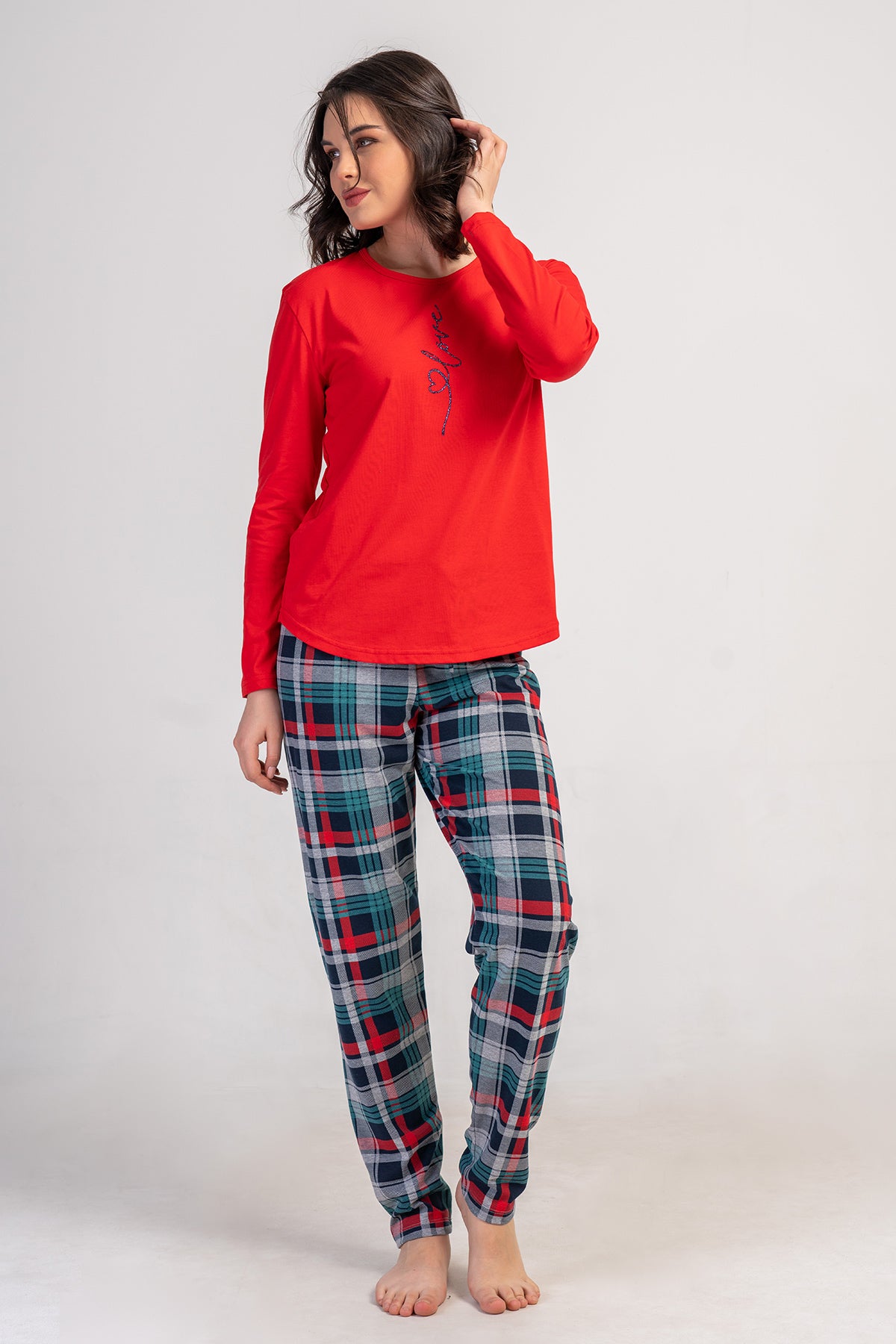 KADIN LYC SUPREM O YAKA UZUN KOL ETEGI OVAL PIJAMA TAKIM - YENI KIRMIZI
