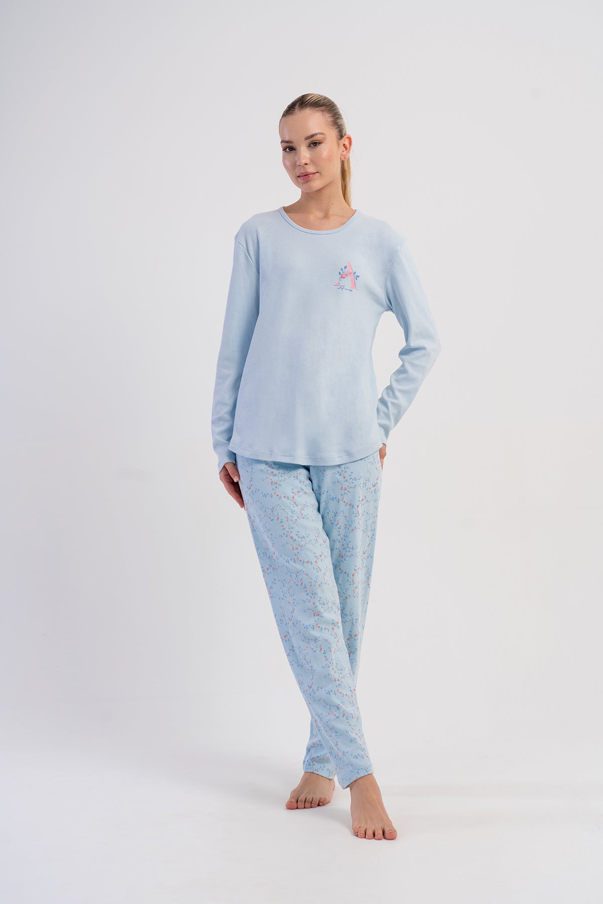 KADIN INTERLOK O YAKA UZUN KOL ETEGI OVAL PIJAMA TAKIM - A.MAVI