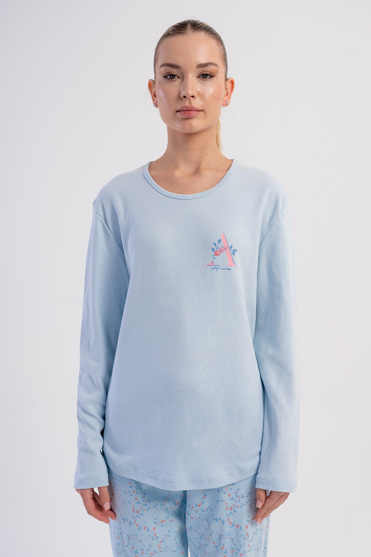 KADIN INTERLOK O YAKA UZUN KOL ETEGI OVAL PIJAMA TAKIM - A.MAVI