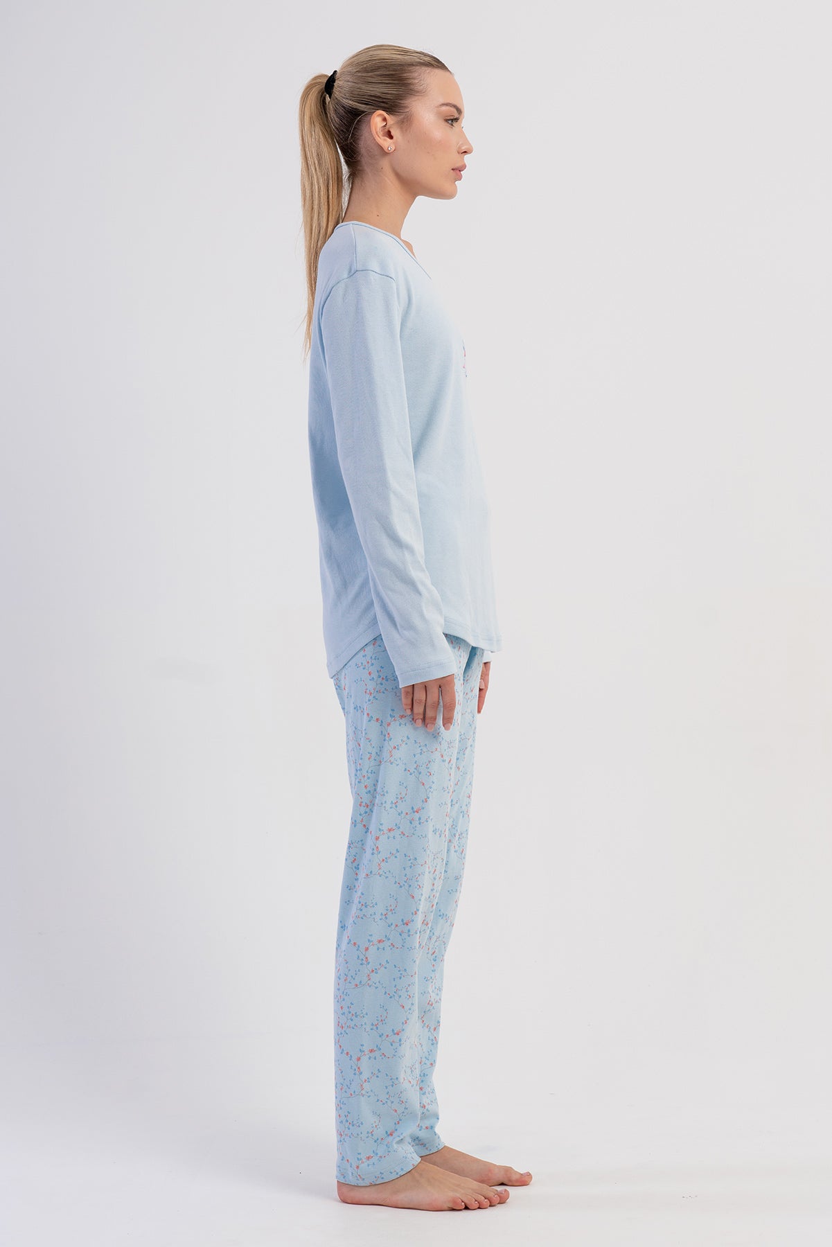 KADIN INTERLOK O YAKA UZUN KOL ETEGI OVAL PIJAMA TAKIM - A.MAVI