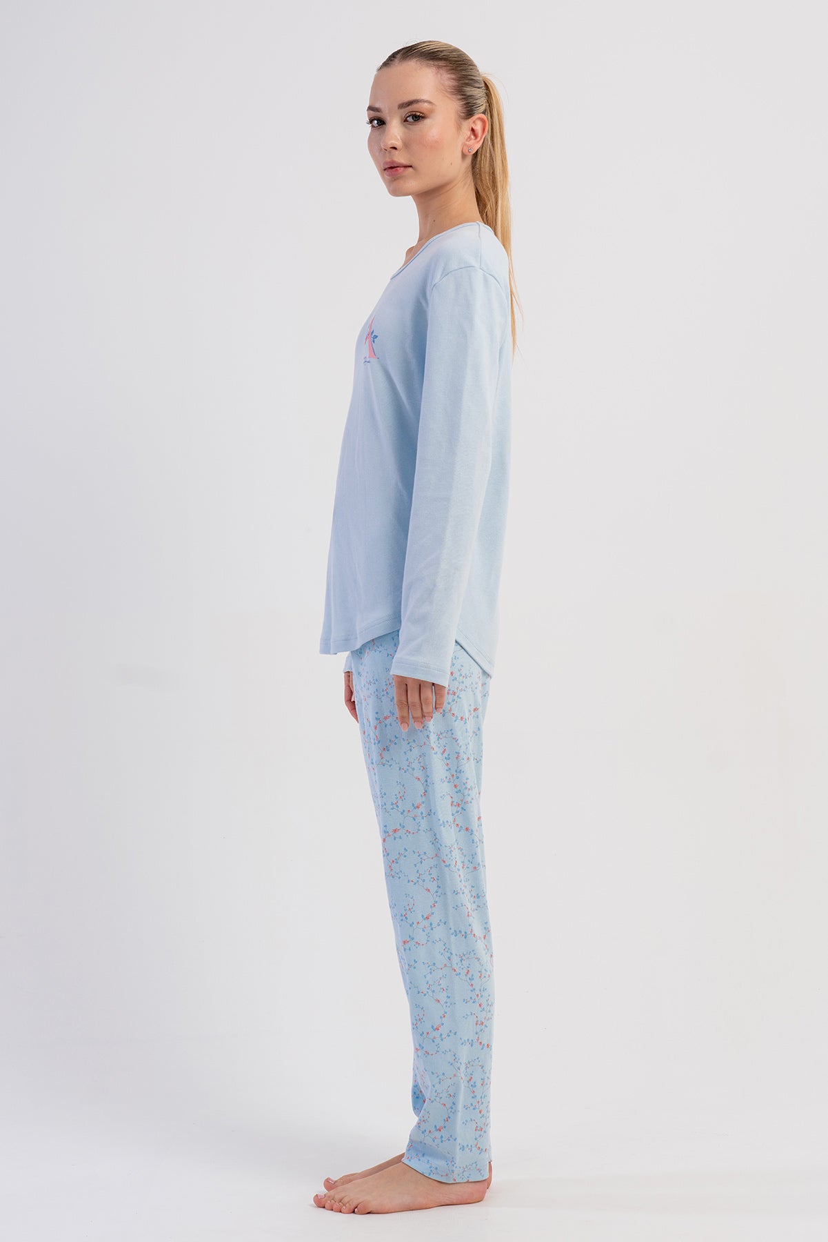 KADIN INTERLOK O YAKA UZUN KOL ETEGI OVAL PIJAMA TAKIM - A.MAVI