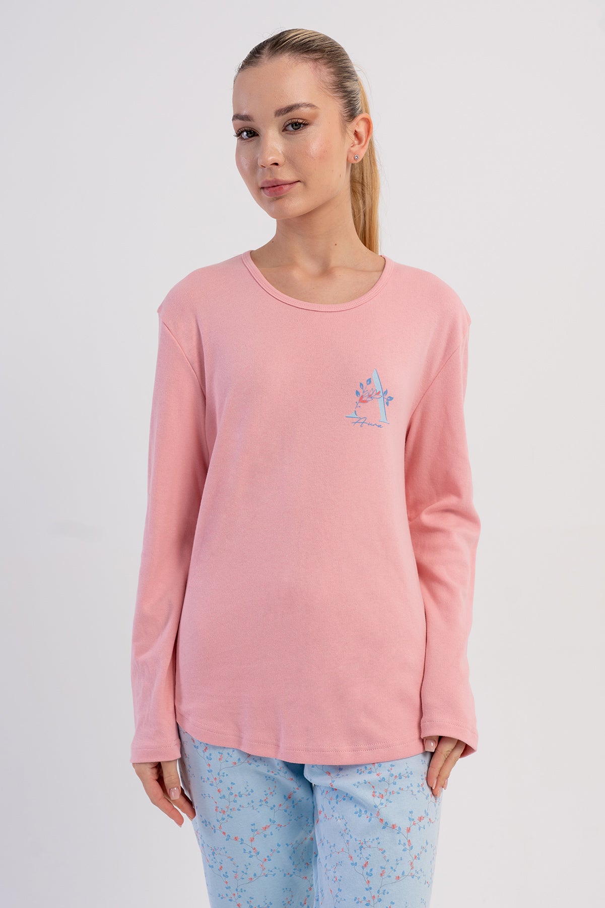 KADIN INTERLOK O YAKA UZUN KOL ETEGI OVAL PIJAMA TAKIM - AÇIK PEMBE