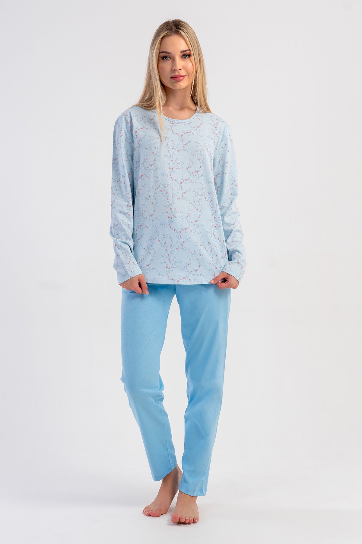 KADIN P.SUPREM O YAKA UZUN KOL ETEGI OVAL PIJAMA TAKIM - MAVI