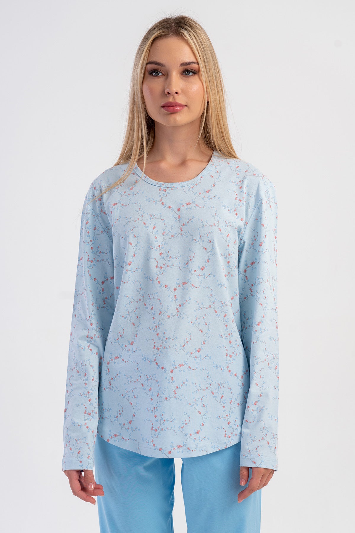 KADIN P.SUPREM O YAKA UZUN KOL ETEGI OVAL PIJAMA TAKIM - MAVI