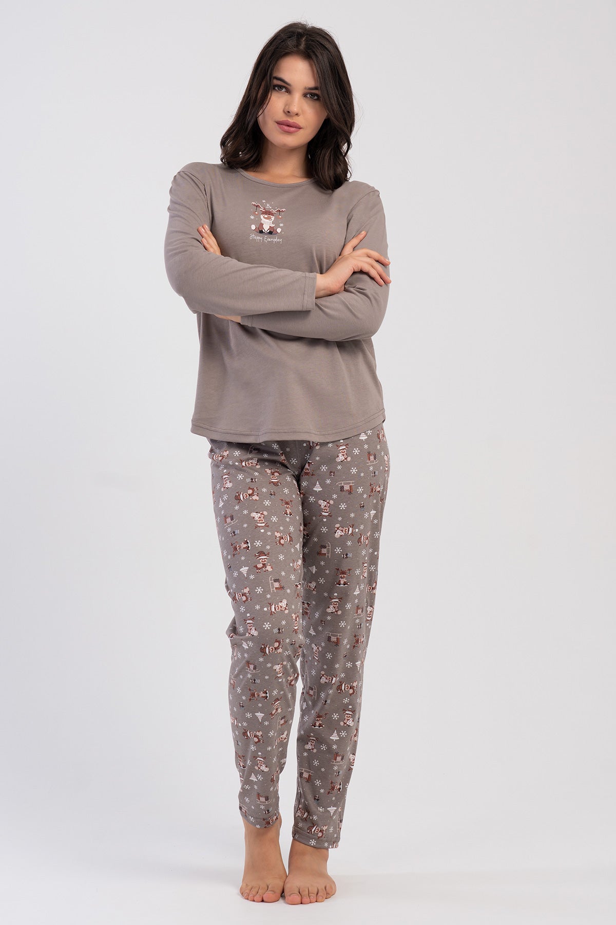 KADIN P.SUPREM XXL O YAKA UZUN KOL ETEGI OVAL PIJAMA TAKIM - BEJ