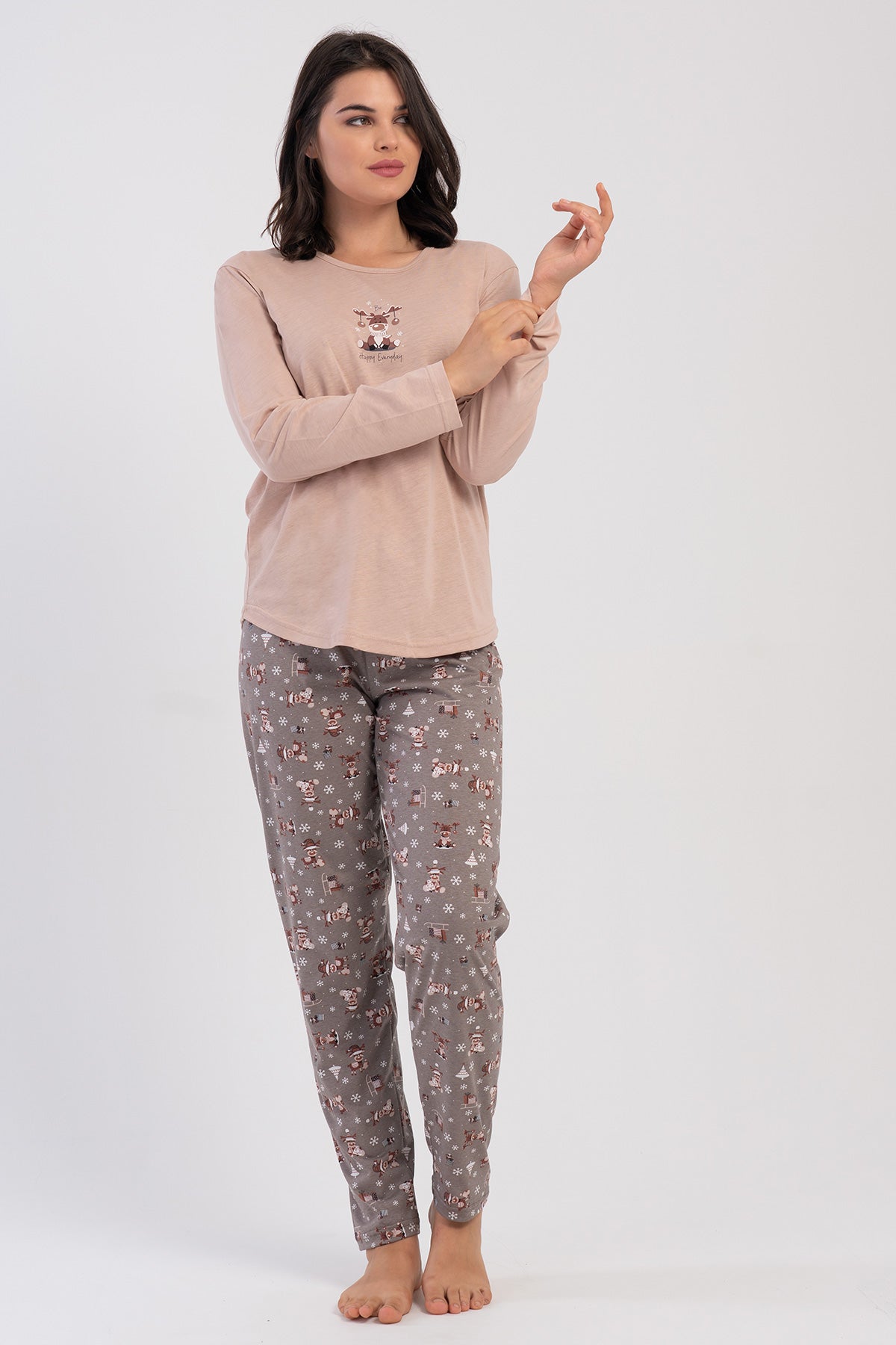 KADIN P.SUPREM XXL O YAKA UZUN KOL ETEGI OVAL PIJAMA TAKIM - SUTLU KAHVE