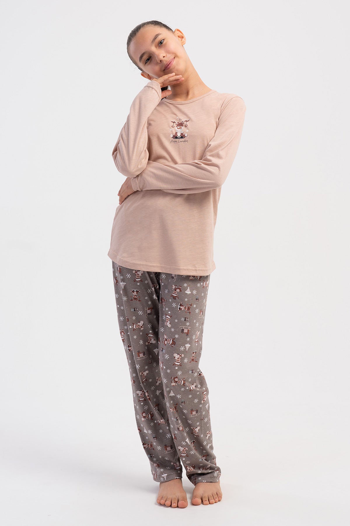 KIZ COCUK P.SUPREM O YAKA UZUN KOL ETEGI OVAL PIJAMA TAKIM(5-6/13-14) - SUTLU KAHVE