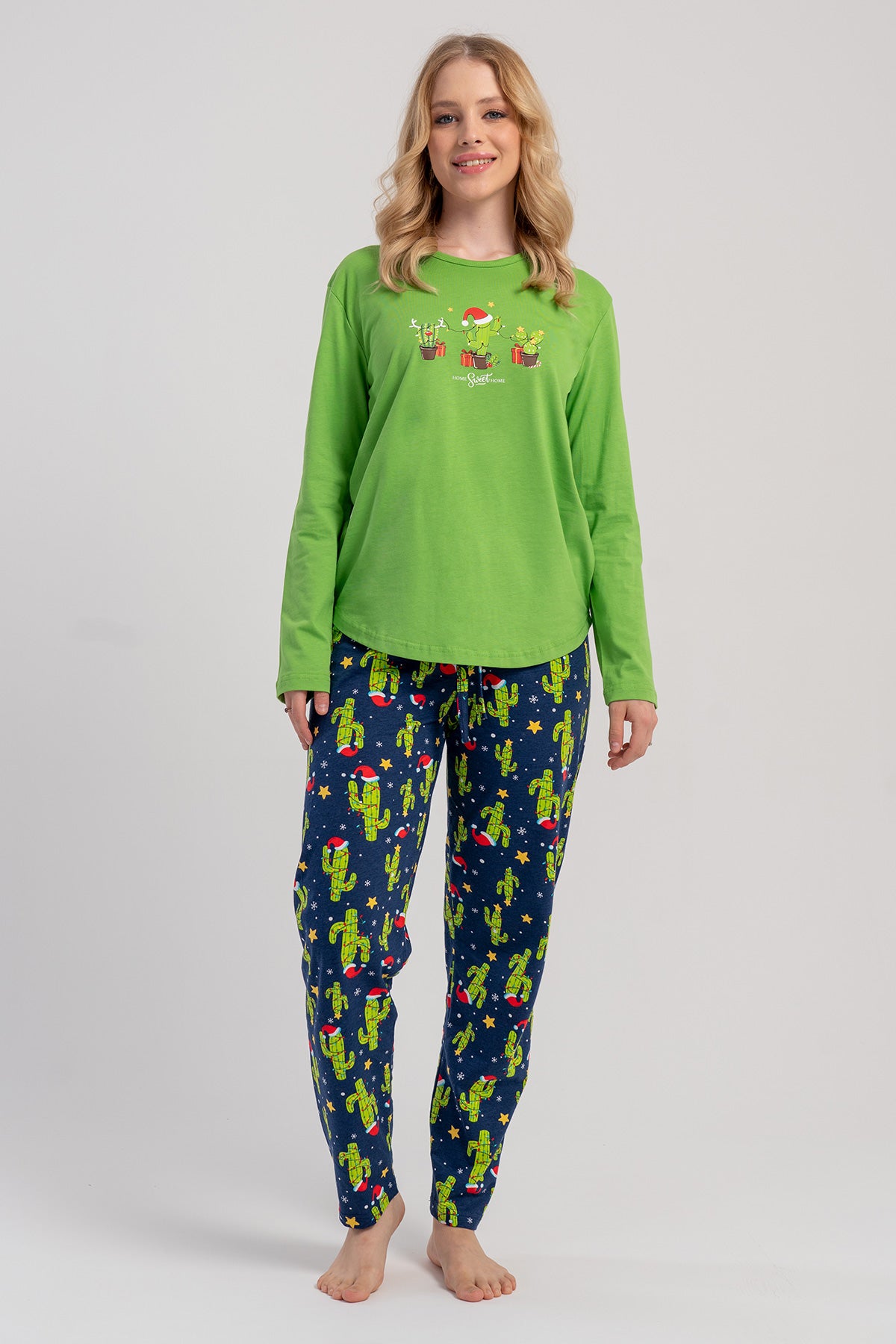 KADIN P.SUPREM O YAKA UZUN KOL ETEGI OVAL PIJAMA TAKIM - KOYU YESIL