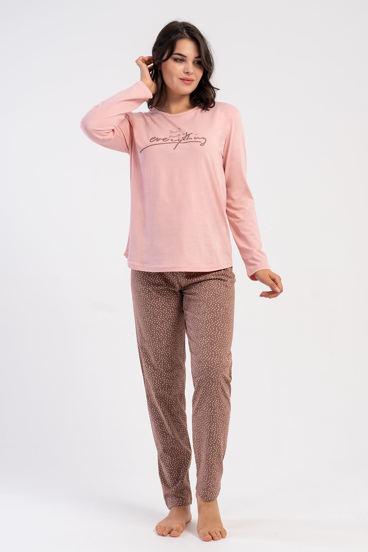 KADIN P.SUPREM XXL O YAKA UZUN KOL ETEGI OVAL PIJAMA TAKIM - PEMBE
