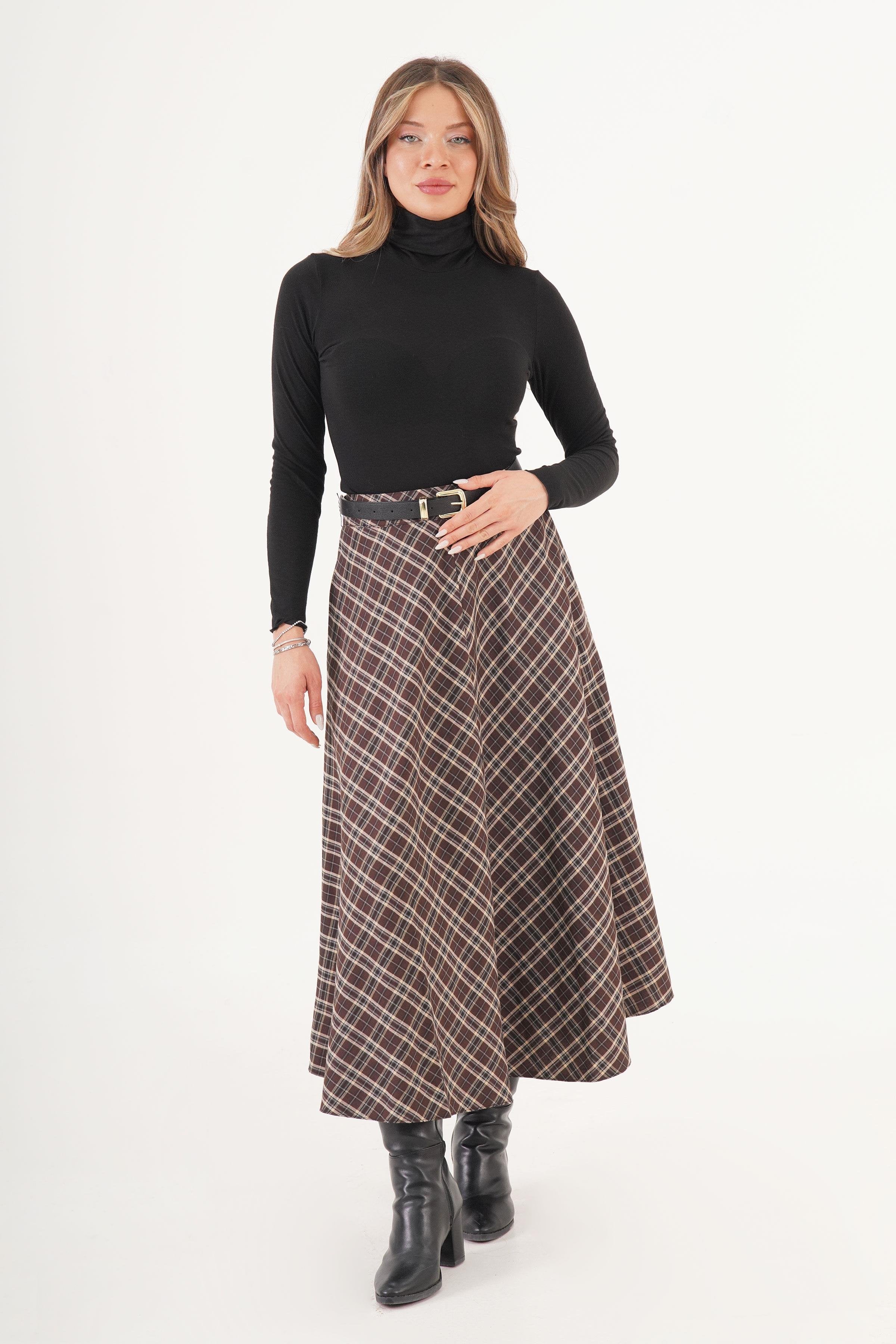 Volan Kesim Kahve Ekose Uzun Toptan Etek