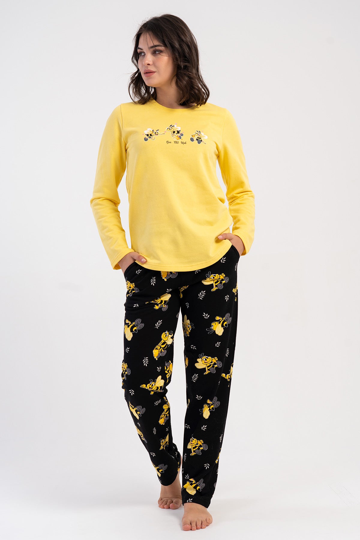 KADIN 2IPLIK O YAKA UZUN KOL ETEGI OVAL CEPLI PIJAMA TAKIM - SARI