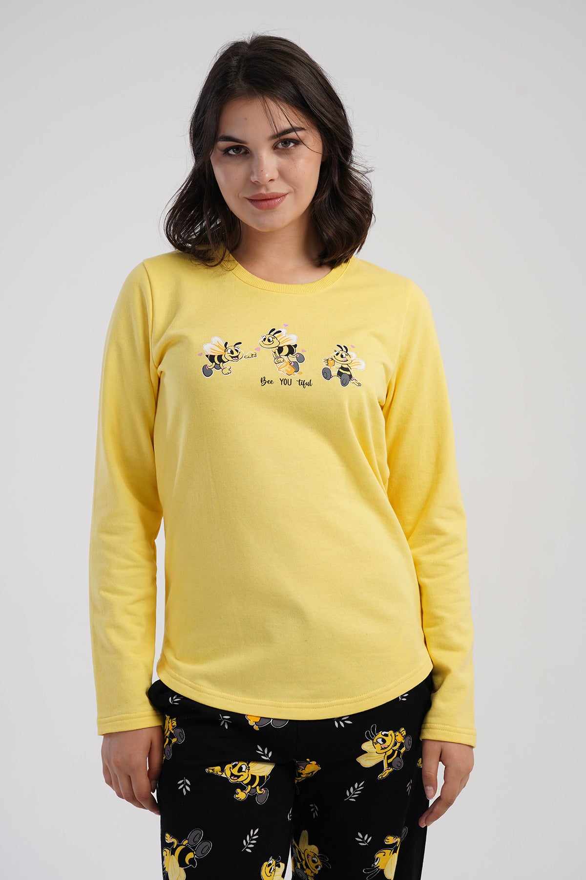 KADIN 2IPLIK O YAKA UZUN KOL ETEGI OVAL CEPLI PIJAMA TAKIM - SARI