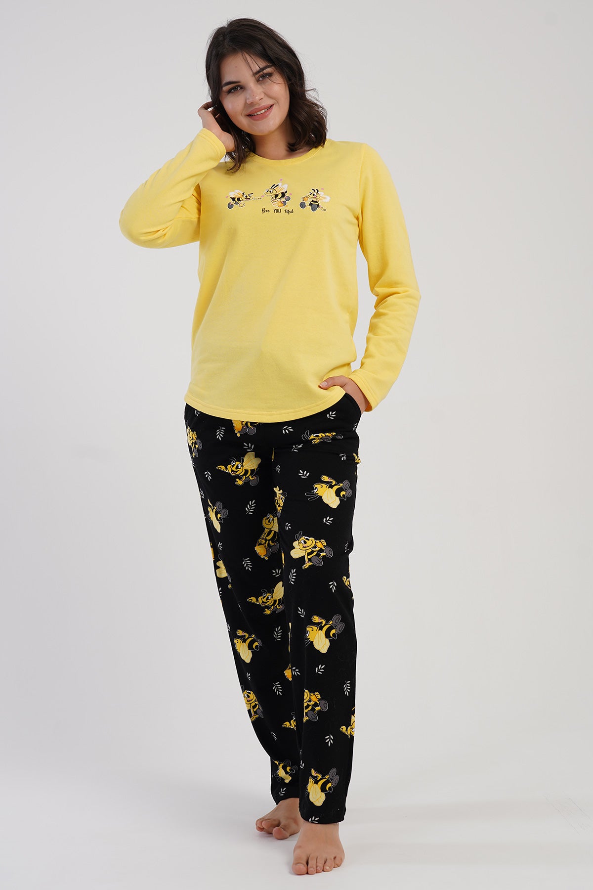 KADIN 2IPLIK O YAKA UZUN KOL ETEGI OVAL CEPLI PIJAMA TAKIM - SARI