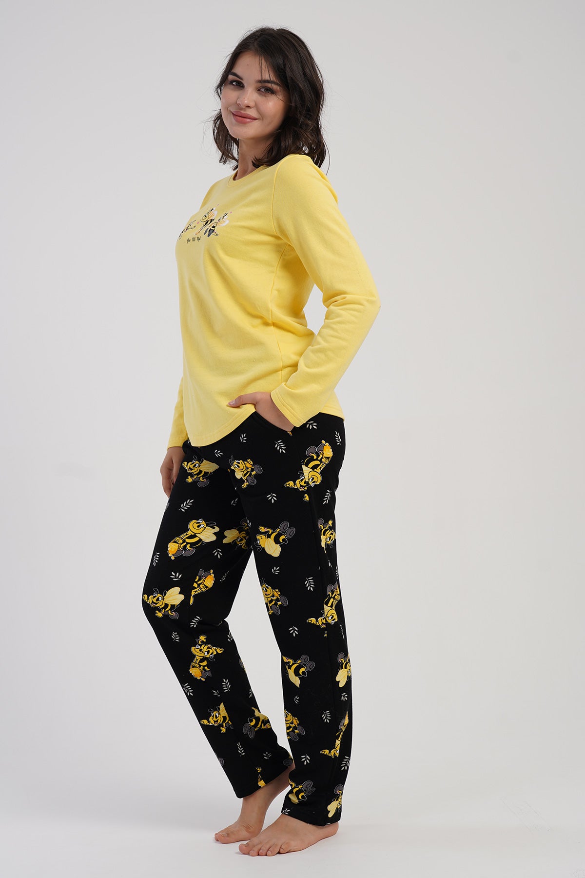 KADIN 2IPLIK O YAKA UZUN KOL ETEGI OVAL CEPLI PIJAMA TAKIM - SARI