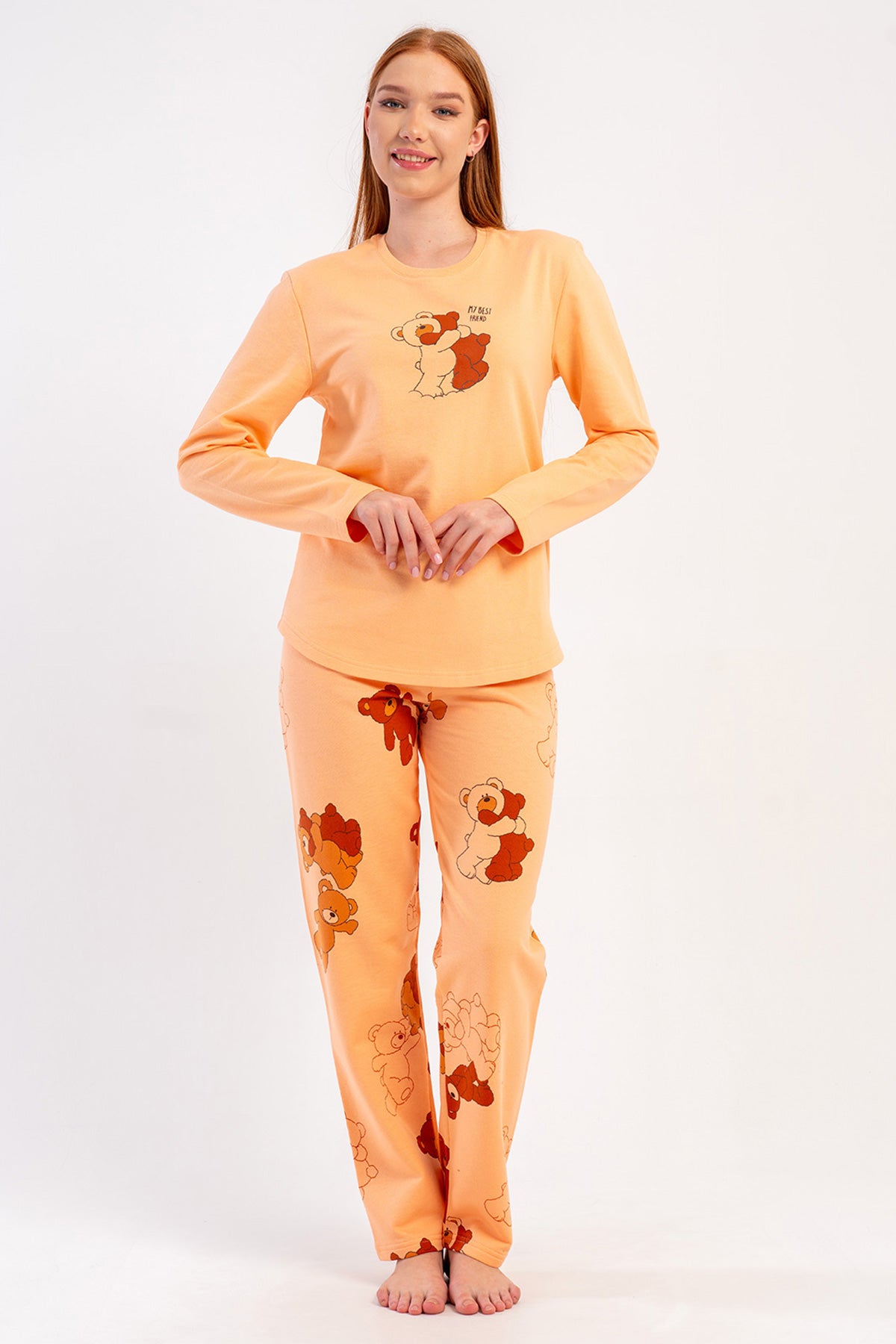 KADIN 2IPLIK O YAKA UZUN KOL ETEGI OVAL PIJAMA TAKIM - SEFTALI