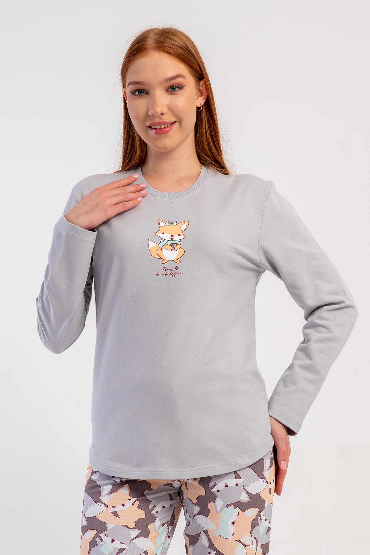KADIN 2IPLIK O YAKA UZUN KOL ETEGI OVAL PIJAMA TAKIM - A.GRI