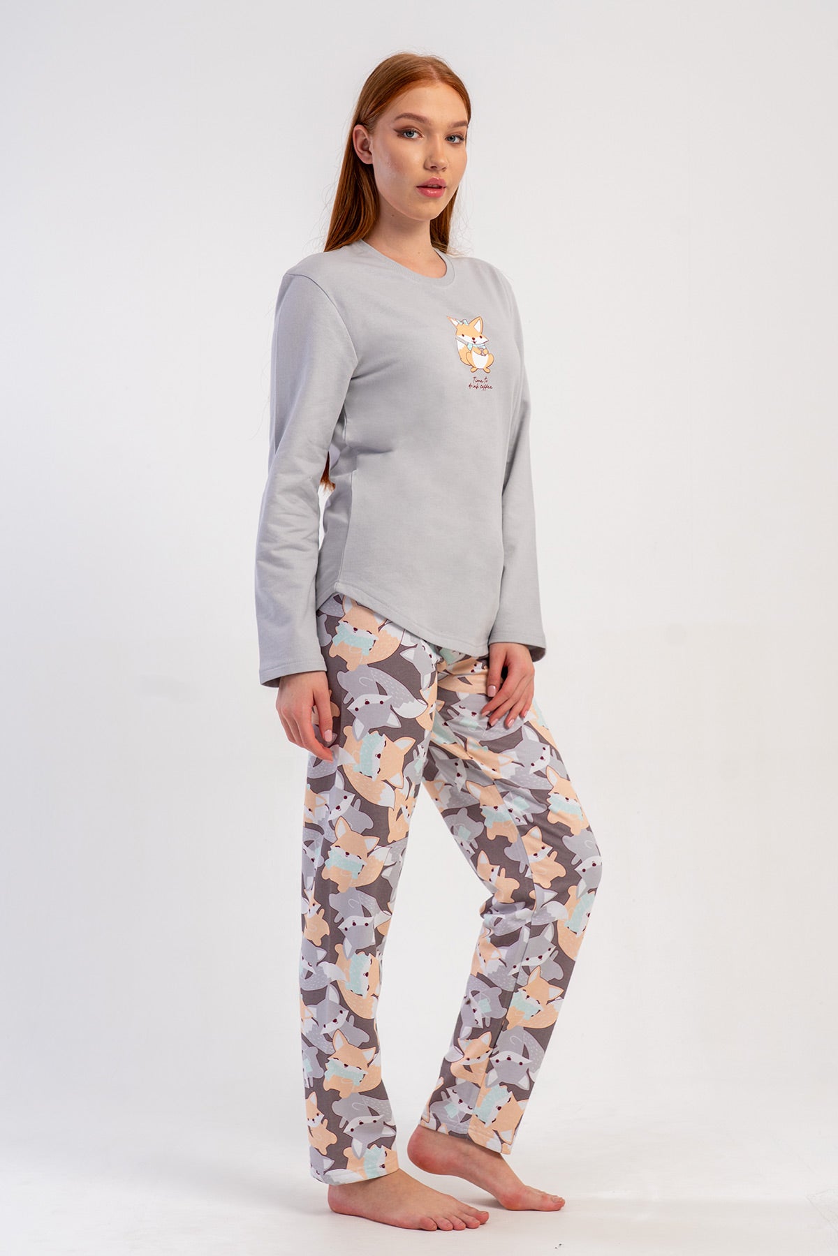 KADIN 2IPLIK O YAKA UZUN KOL ETEGI OVAL PIJAMA TAKIM - A.GRI