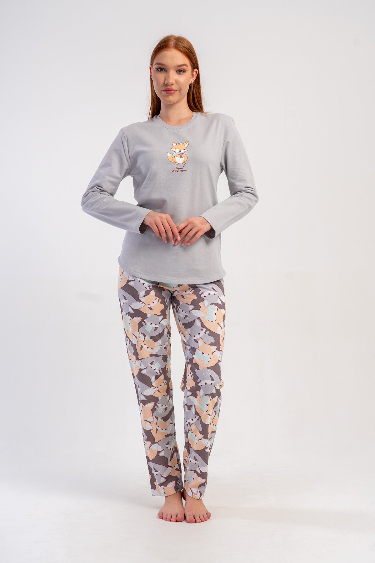 KADIN 2IPLIK O YAKA UZUN KOL ETEGI OVAL PIJAMA TAKIM - A.GRI