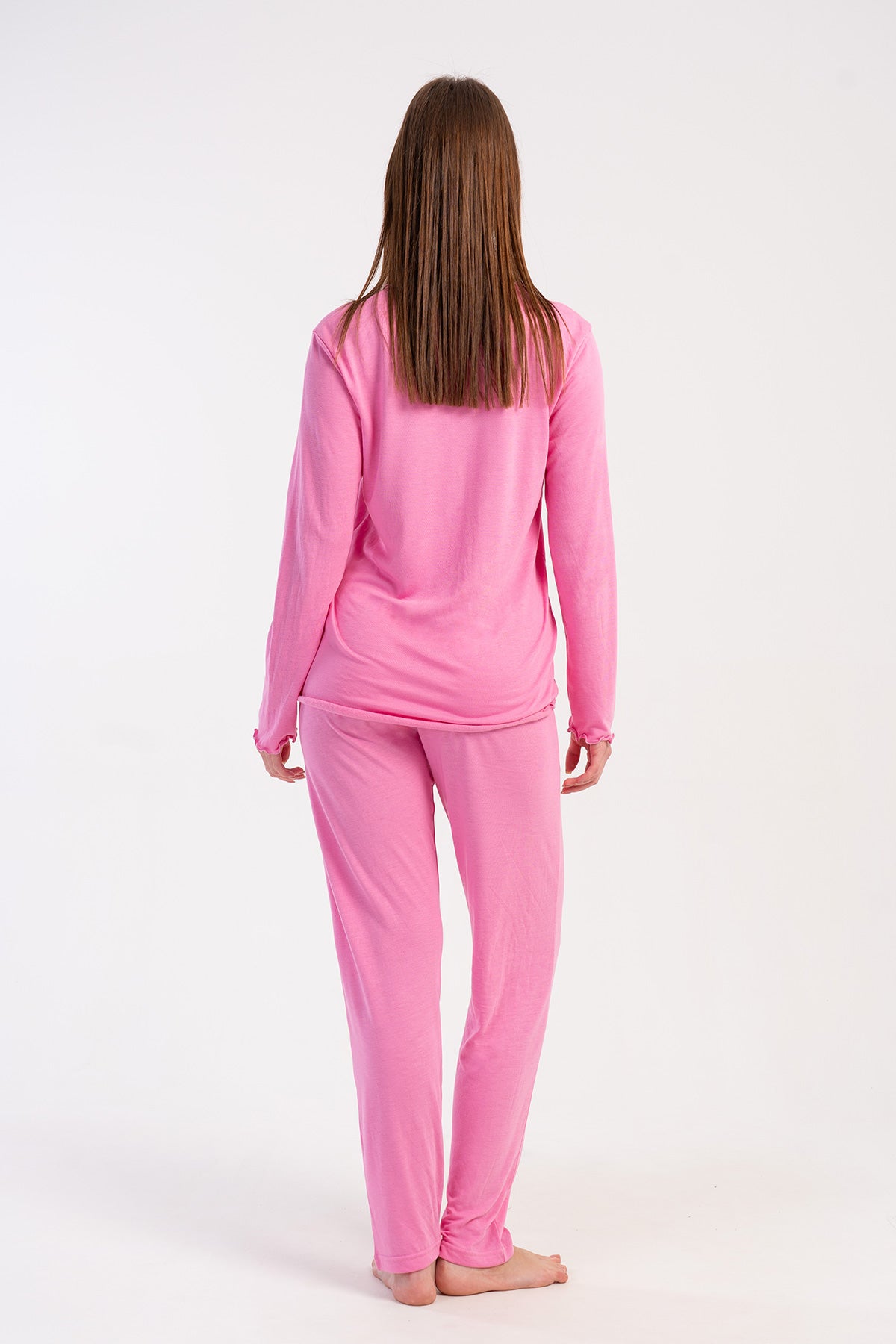 KADIN VISKON UZUN KOL UZUN PACA YAKA VE KOL UCU BIBILALI CEPLI PIJAMA TAKIM - PEMBE