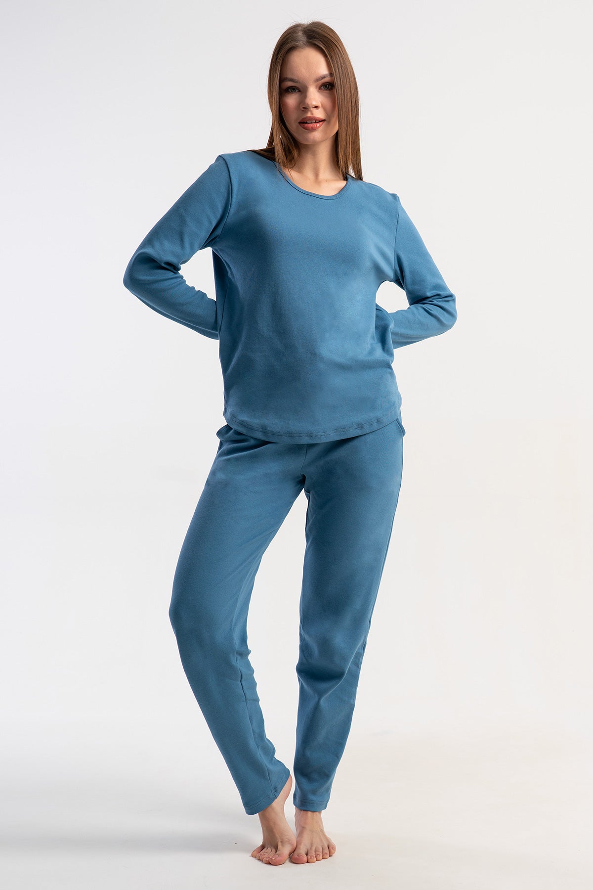 KADIN INTERLOK O YAKA UZUN KOL ETEGI OVAL CEPLI PIJAMA TAKIM - MAVI