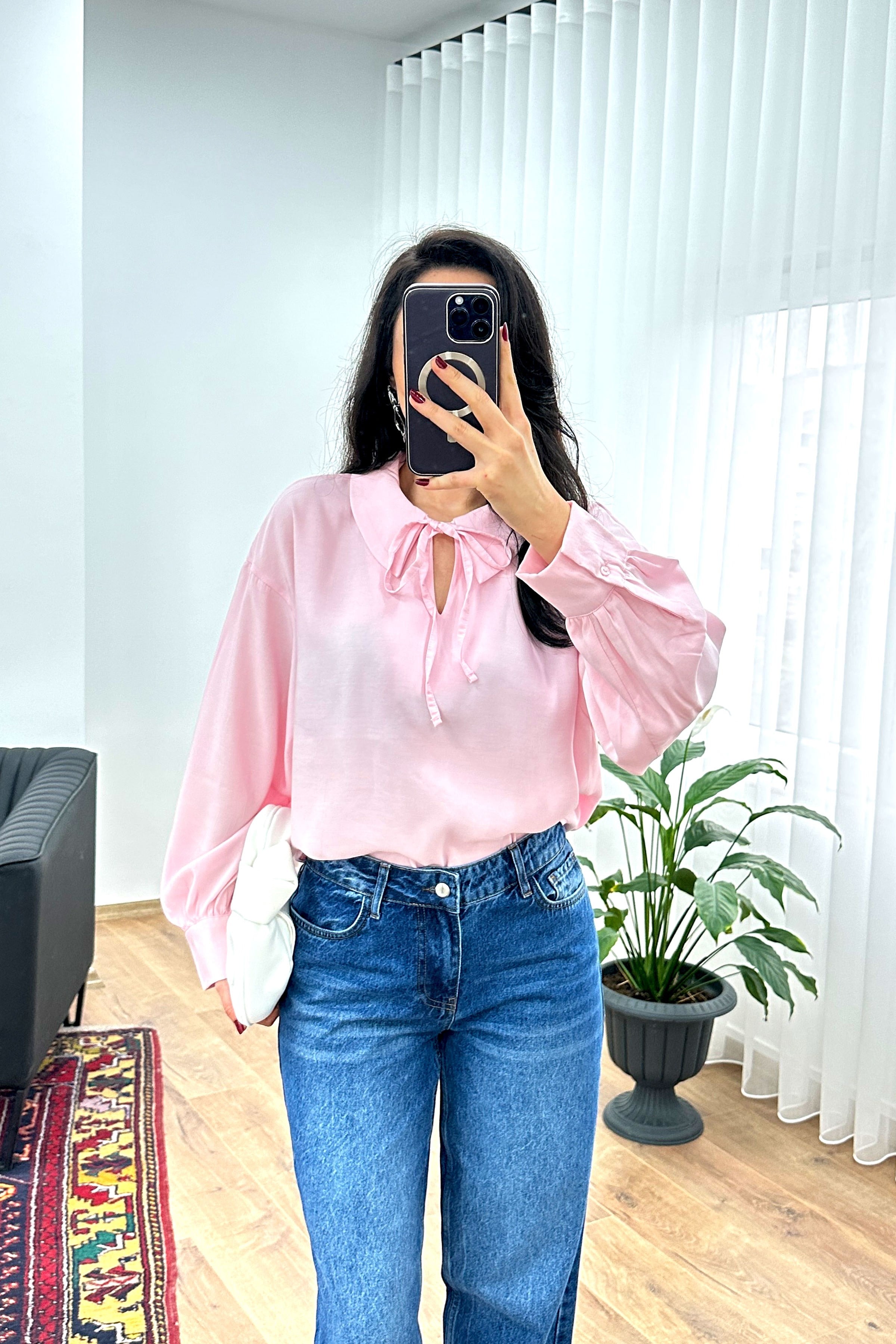 Yaka Bağlamalı Dökümlü Pembe Toptan Bluz
