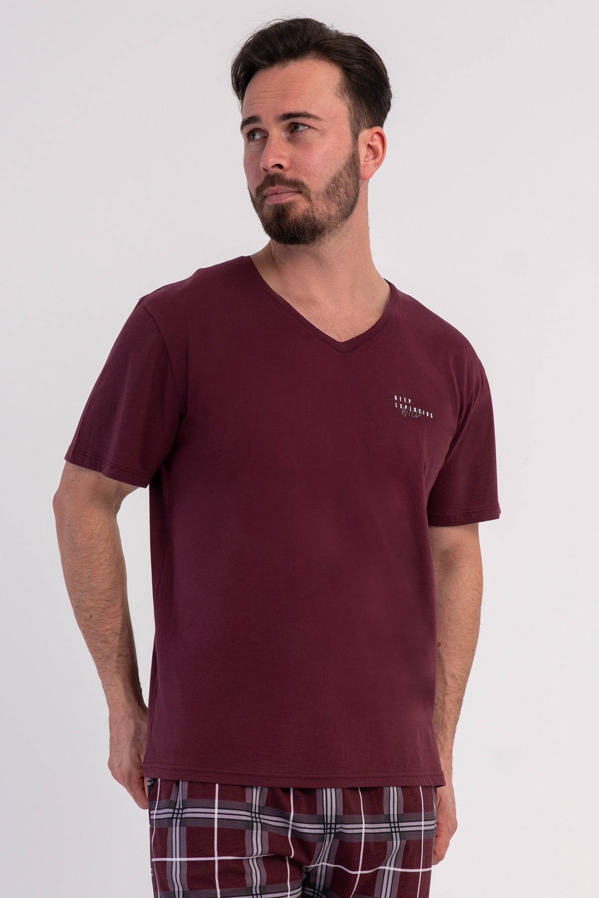 CEPLI ERKEK P.SUPREM XXL V YAKA KISA KOL PIJAMA TAKIM - BORDO