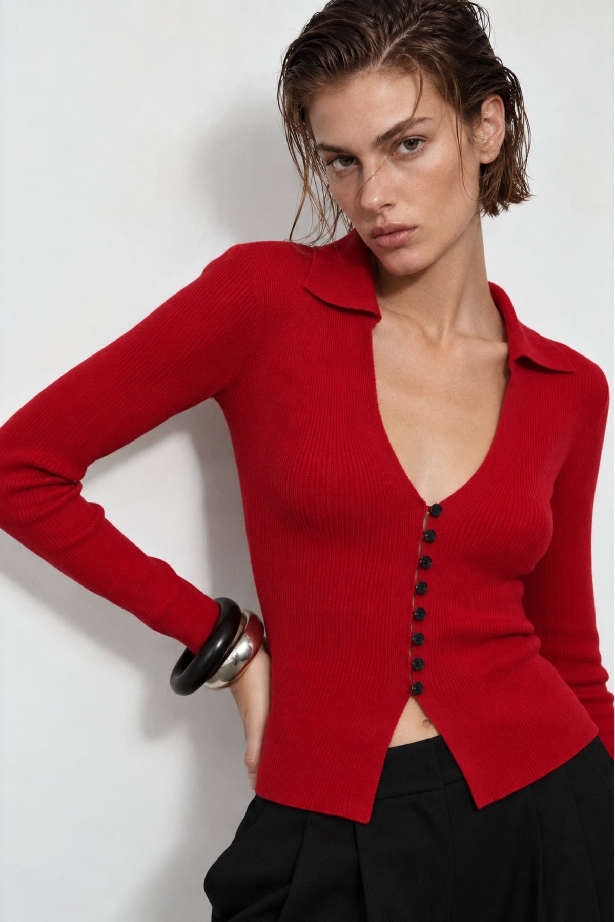 V Yaka Düğme Detay Uzun Kol Triko Bluz - Kahverengi