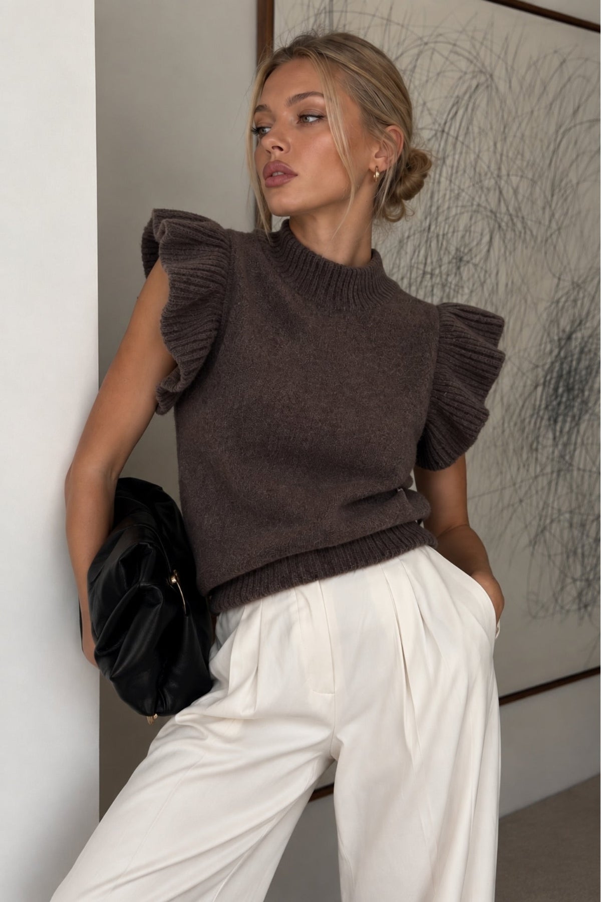 Balıkçı Yaka Fırfır Detay Sıfır Kol Triko Bluz - Bordo