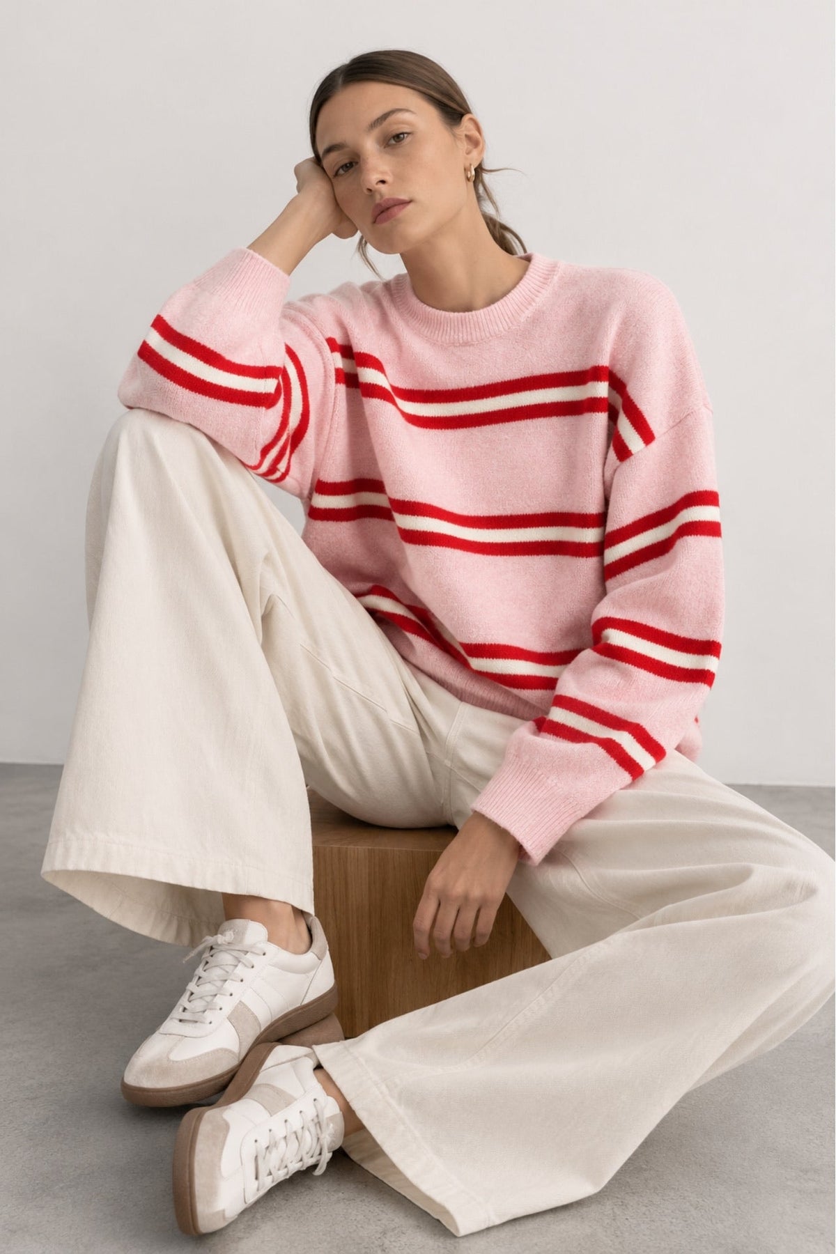 Çizgili Bisiklet Yaka Oversize Triko Kazak - Pembe