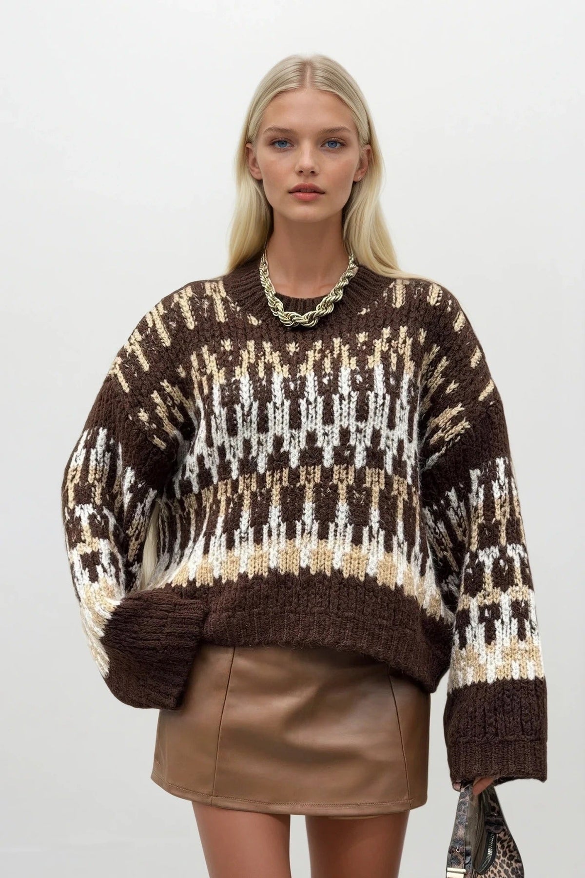 Desenli Oversize Triko Kazak - Mavi
