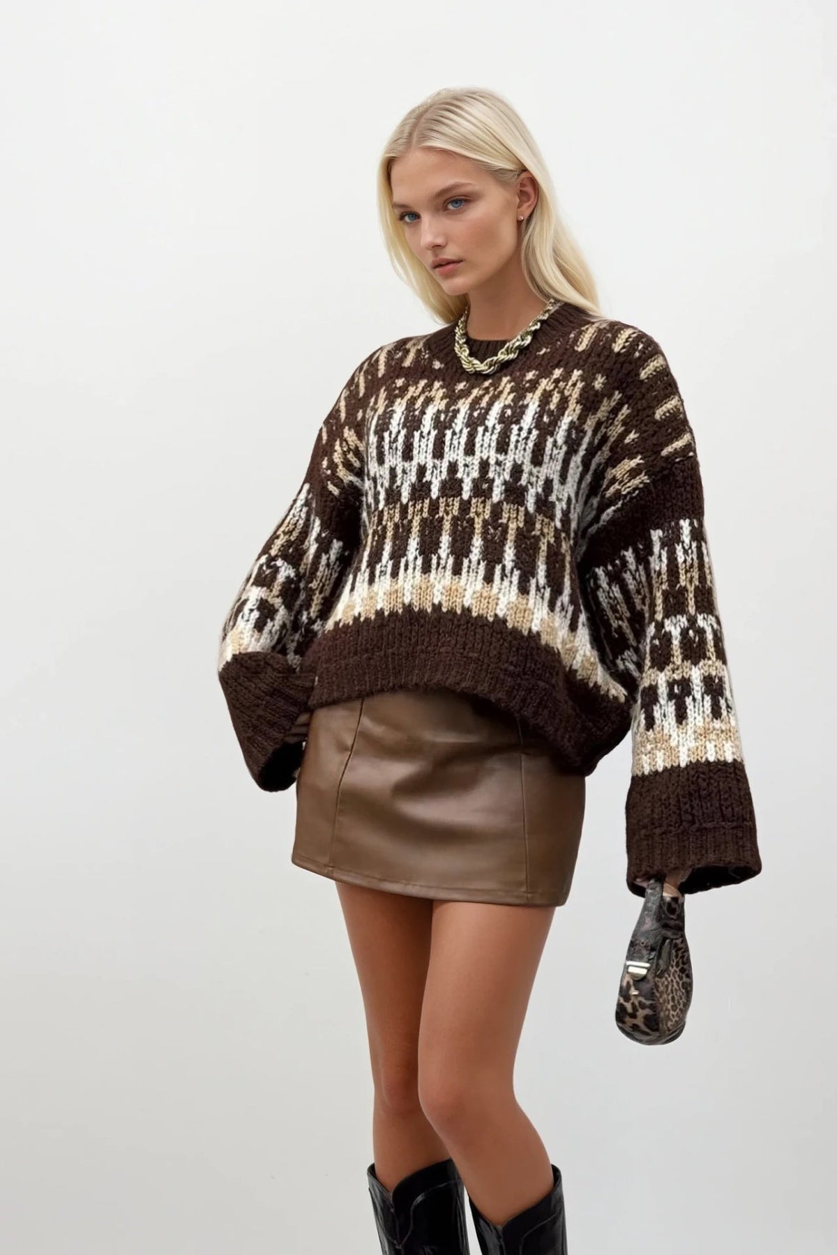 Desenli Oversize Triko Kazak - Kahverengi