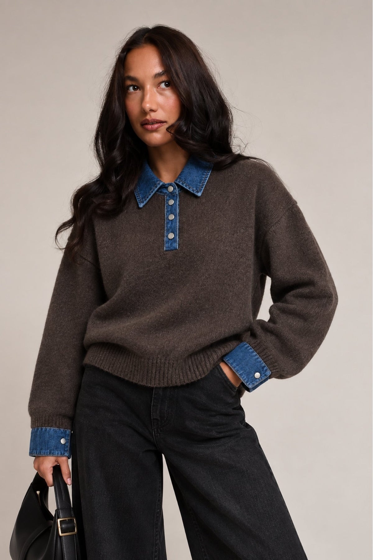 Denim Yaka Düğme Detay Polo Yaka Triko Kazak - Kahverengi