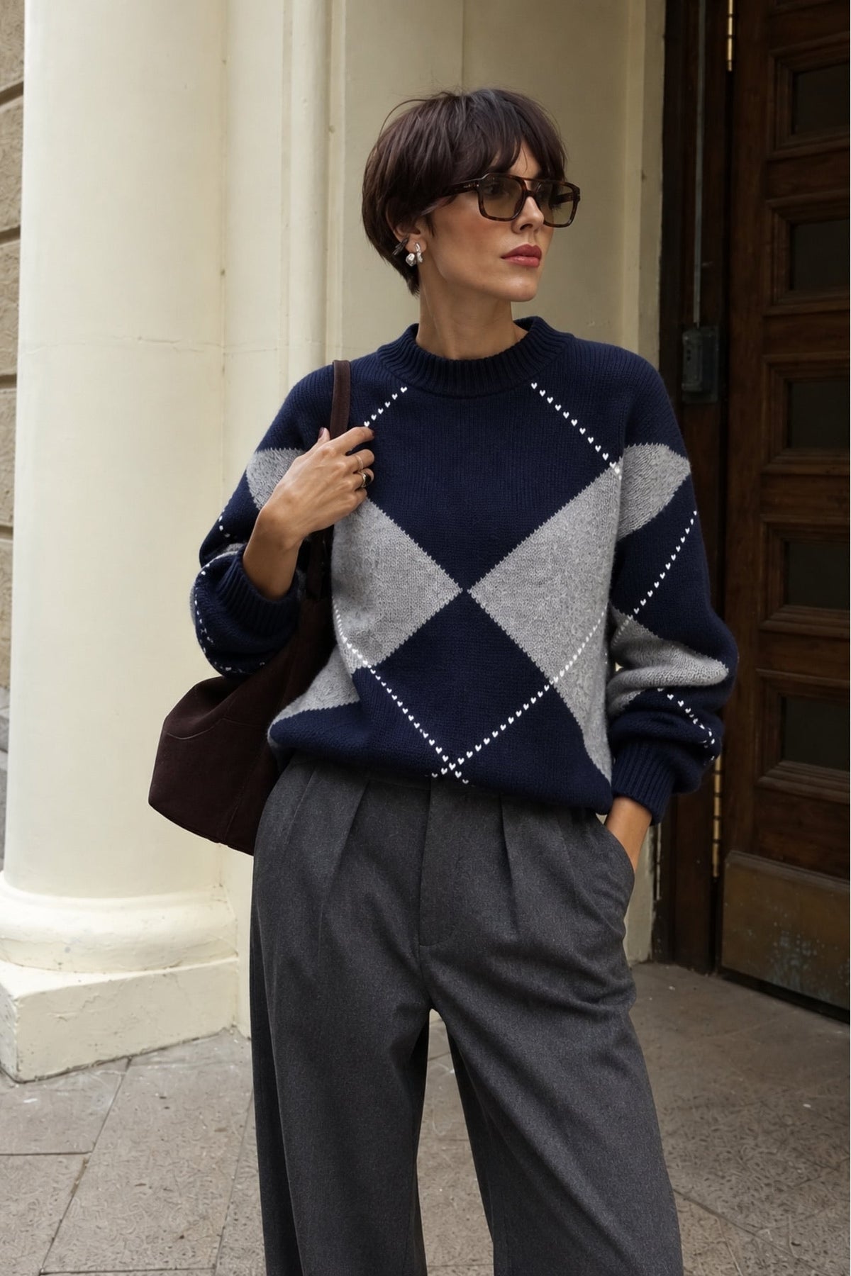 Baklava Desen Oversize Triko Kazak - Bordo