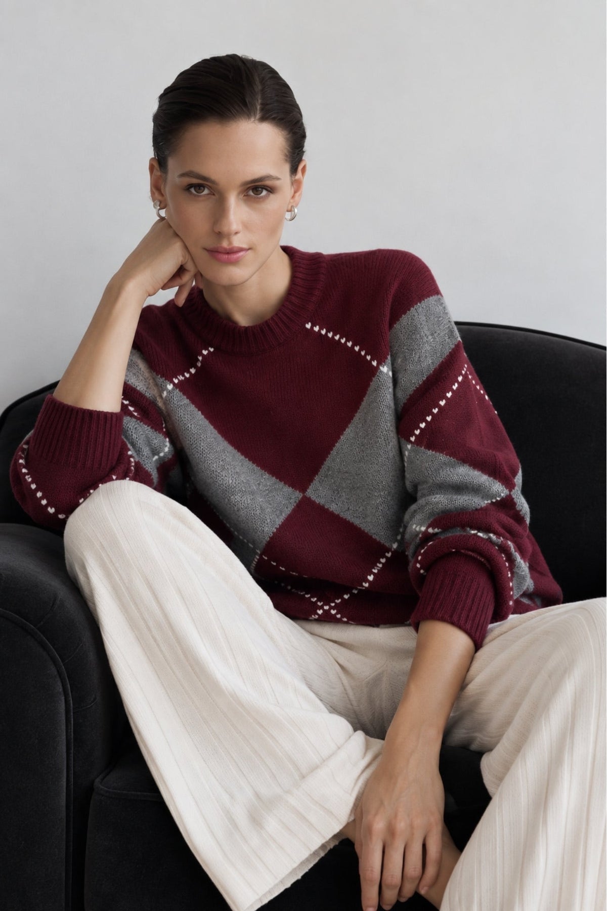 Baklava Desen Oversize Triko Kazak - Bordo
